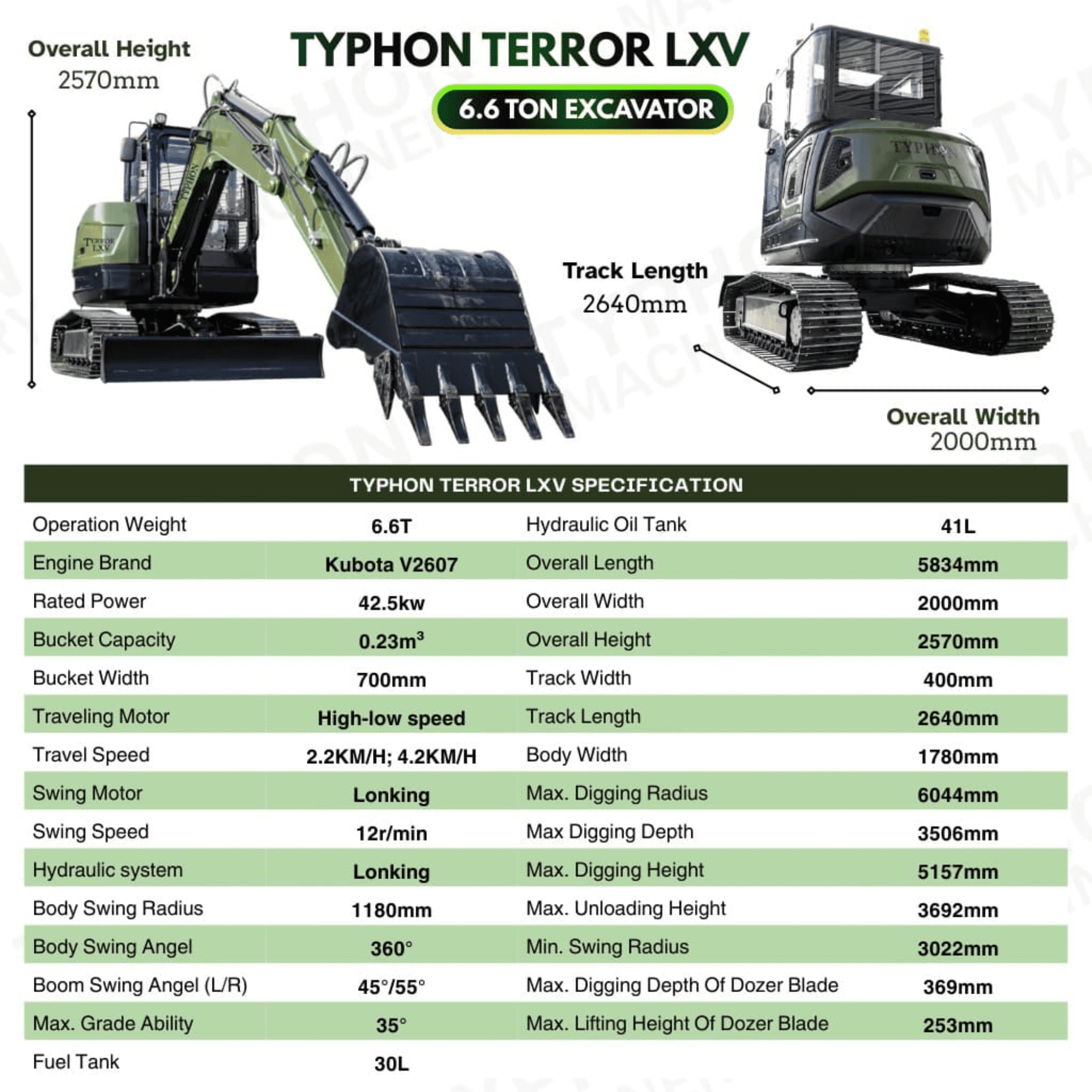 TYPHON TERROR LXV 6.6-Ton Excavator with Kubota V2607 Diesel Engine (56.9 HP, Enclosed Cab) gx0hq
