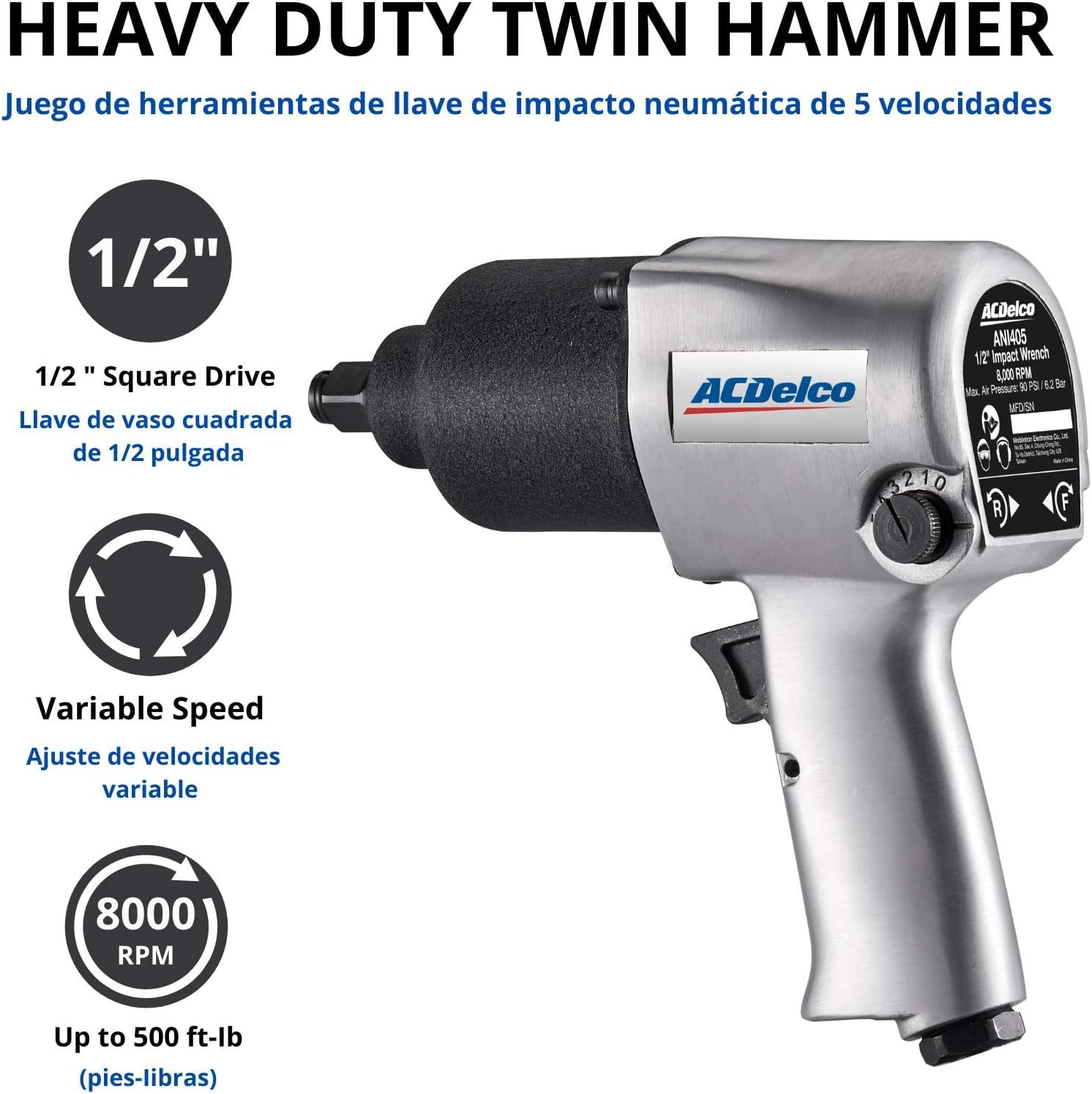 ACDelco ANI405A Heavy Duty Twin Hammer 1/2 in 500 ft-lbs 5-Speed Pneumatic Impact Wrench (Silver, 7.25 in) hc9mk