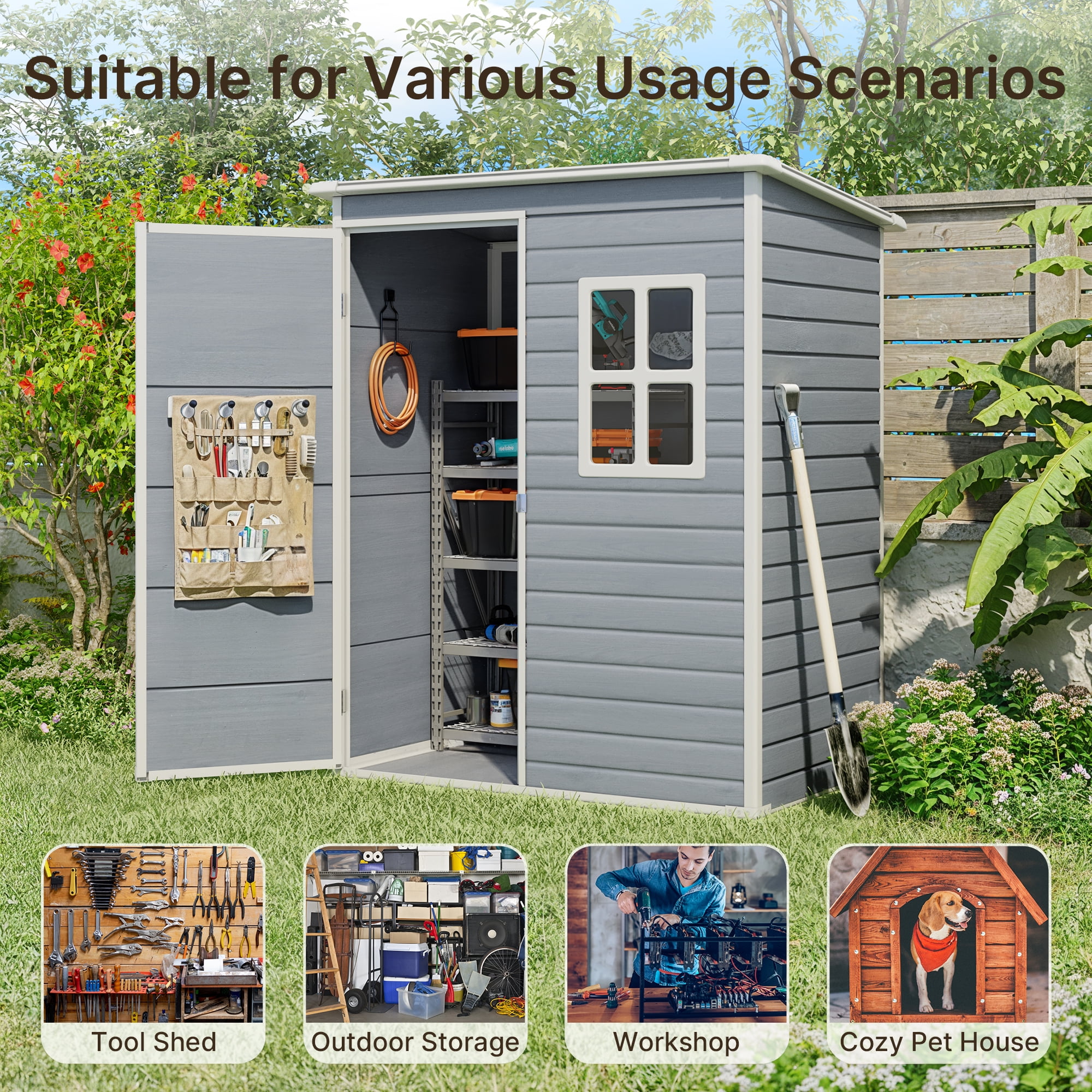 Asofer Recycled Resin Outdoor Storage Shed, Weatherproof Garden Tool Organizer with Molded Base and Lockable Door (Gray, 5x3 ft) ez5fl