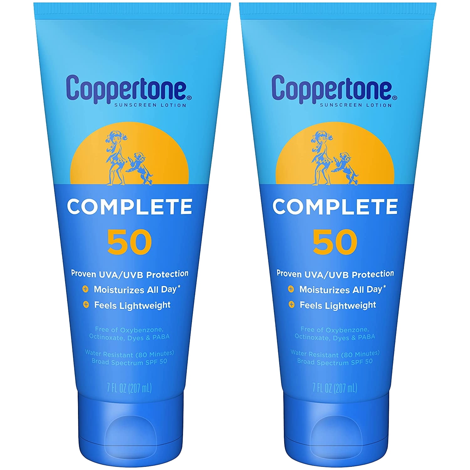 Coppertone Complete SPF 50 Moisturizing Sunscreen Lotion, Broad Spectrum UVA/UVB Protection (7 fl oz, 2 Pack) 56mjh