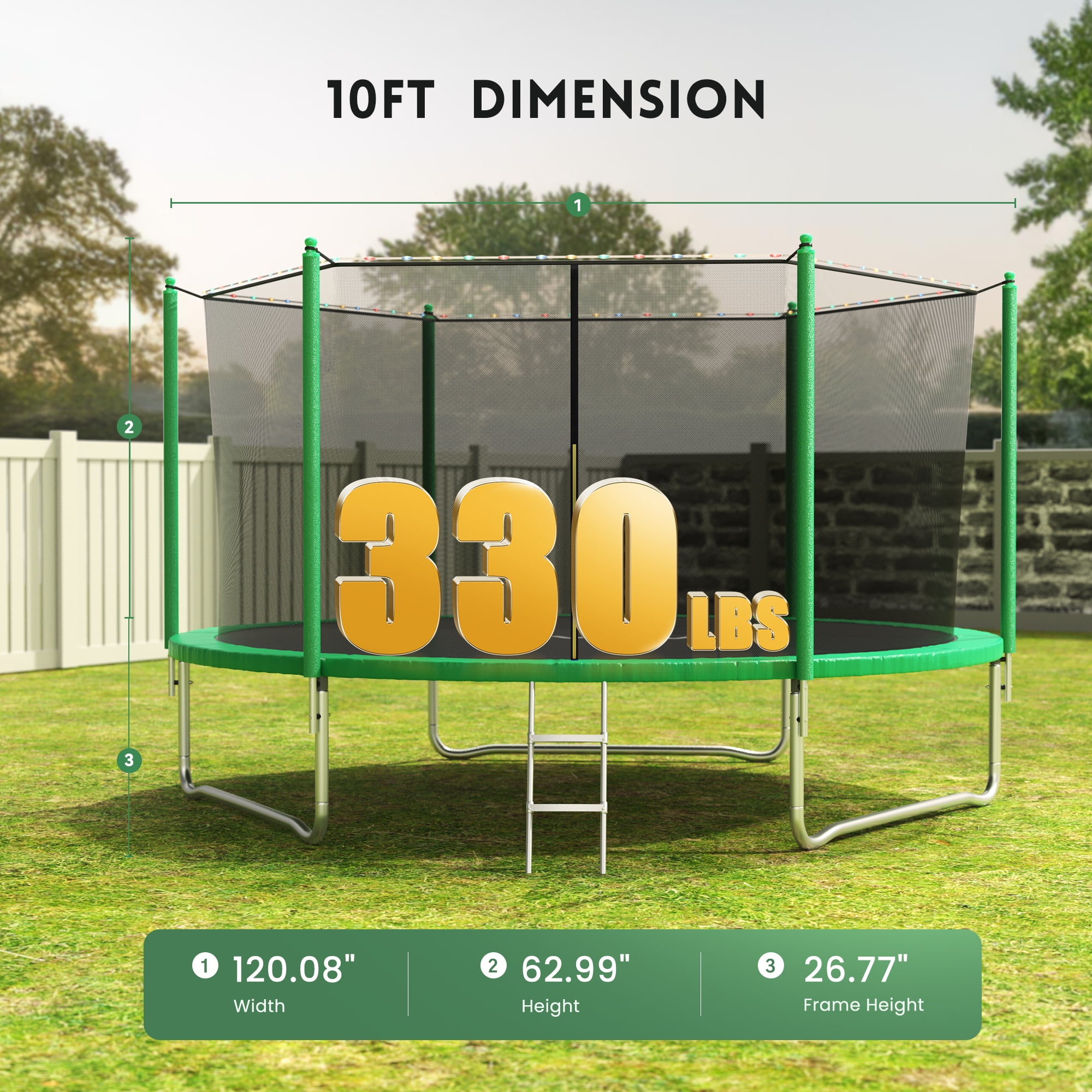 GVDV Outdoor Recreational Trampoline with Safety Enclosure Net (Green, 10 ft) i22mo