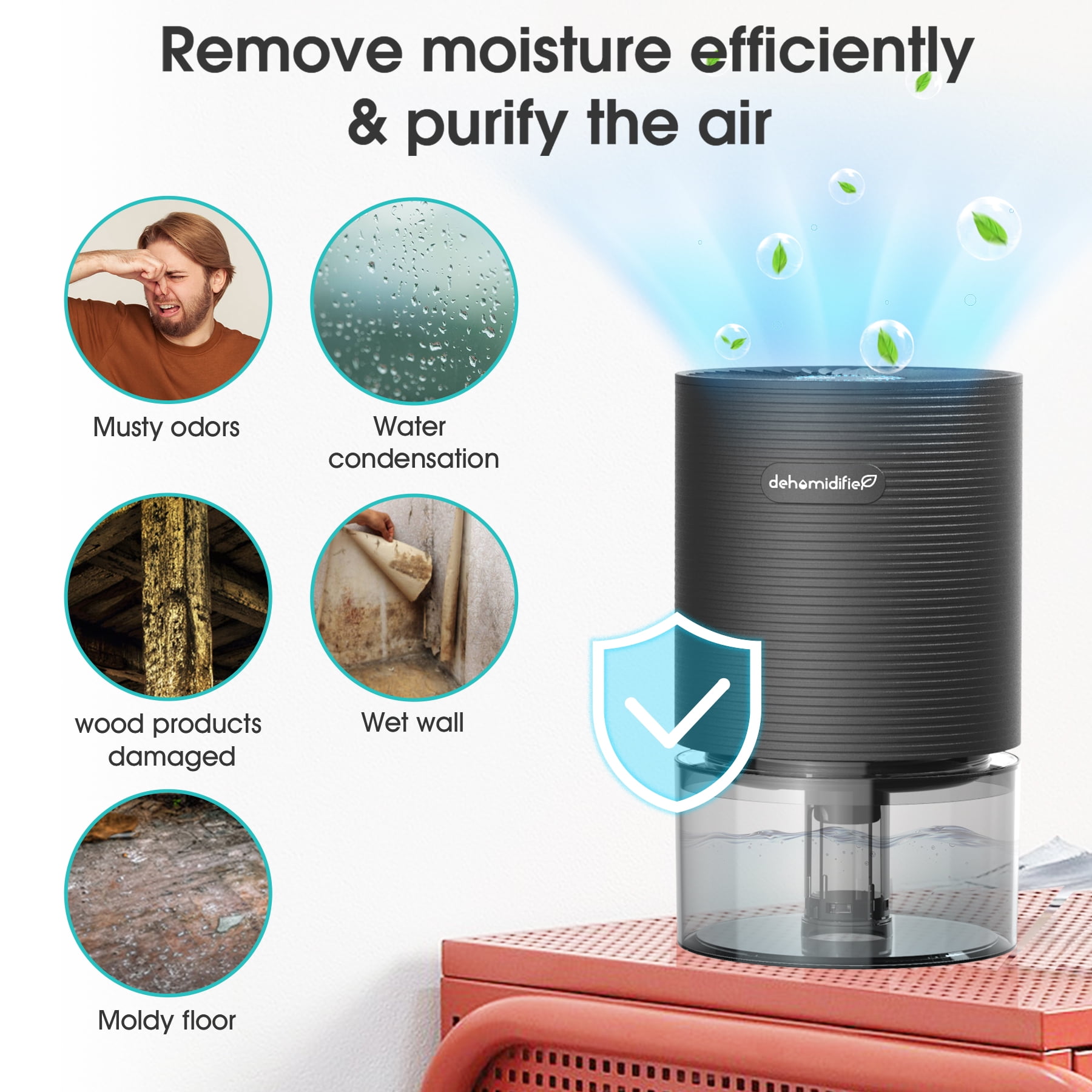 Kloudic Compact Dehumidifier with LED Light, Ultra-Quiet Portable Air Dryer for Bedroom and Office (Black, 26 fl oz) qmh3v