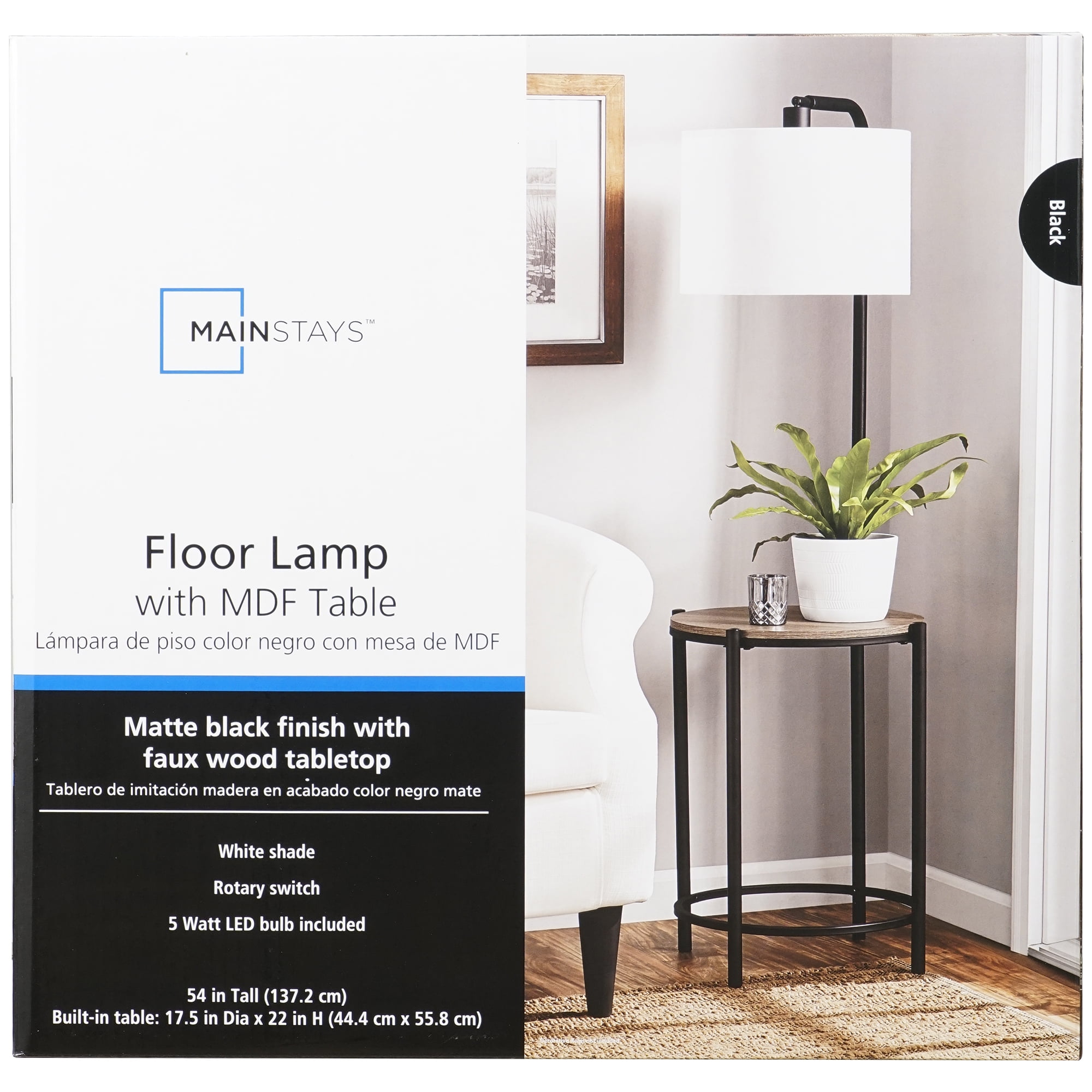 Mainstays Mid-Century Modern Floor Lamp with Faux Wood Side Table (Matte Black, 54 in) o8tj3