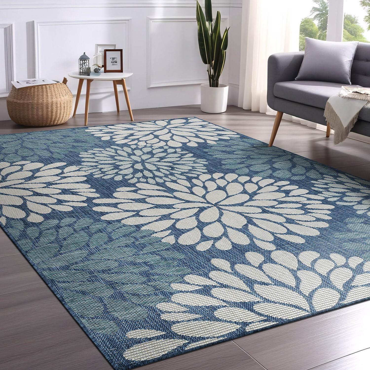 Beverly Rug Modern Floral Indoor Outdoor Area Rug (Blue, 5 ft x 7 ft) zy35d