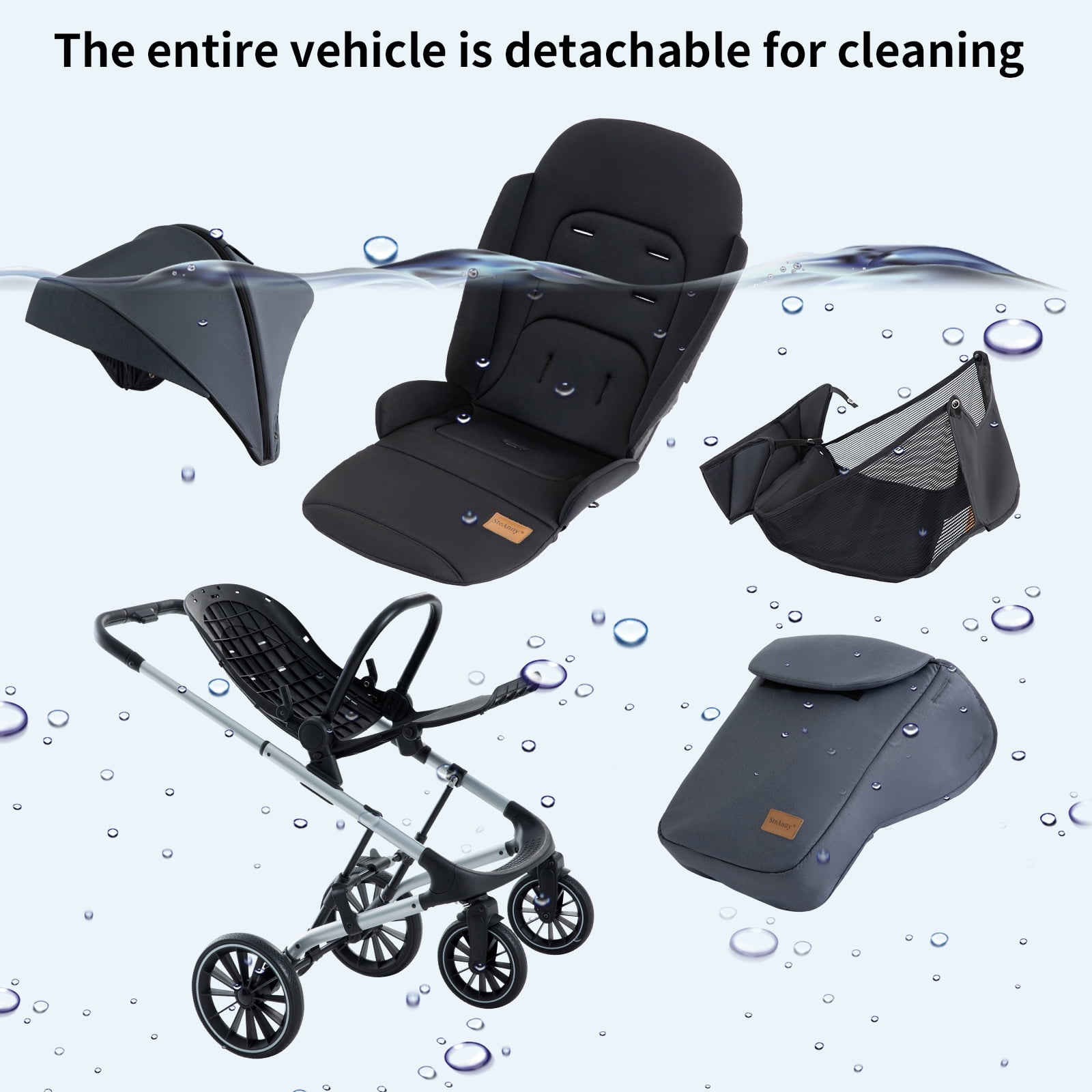 SteAnny Reversible High Landscape Baby Stroller, Adjustable Handlebar Pram for Infants and Toddlers (Gray, 40 lb Capacity) wyqqr