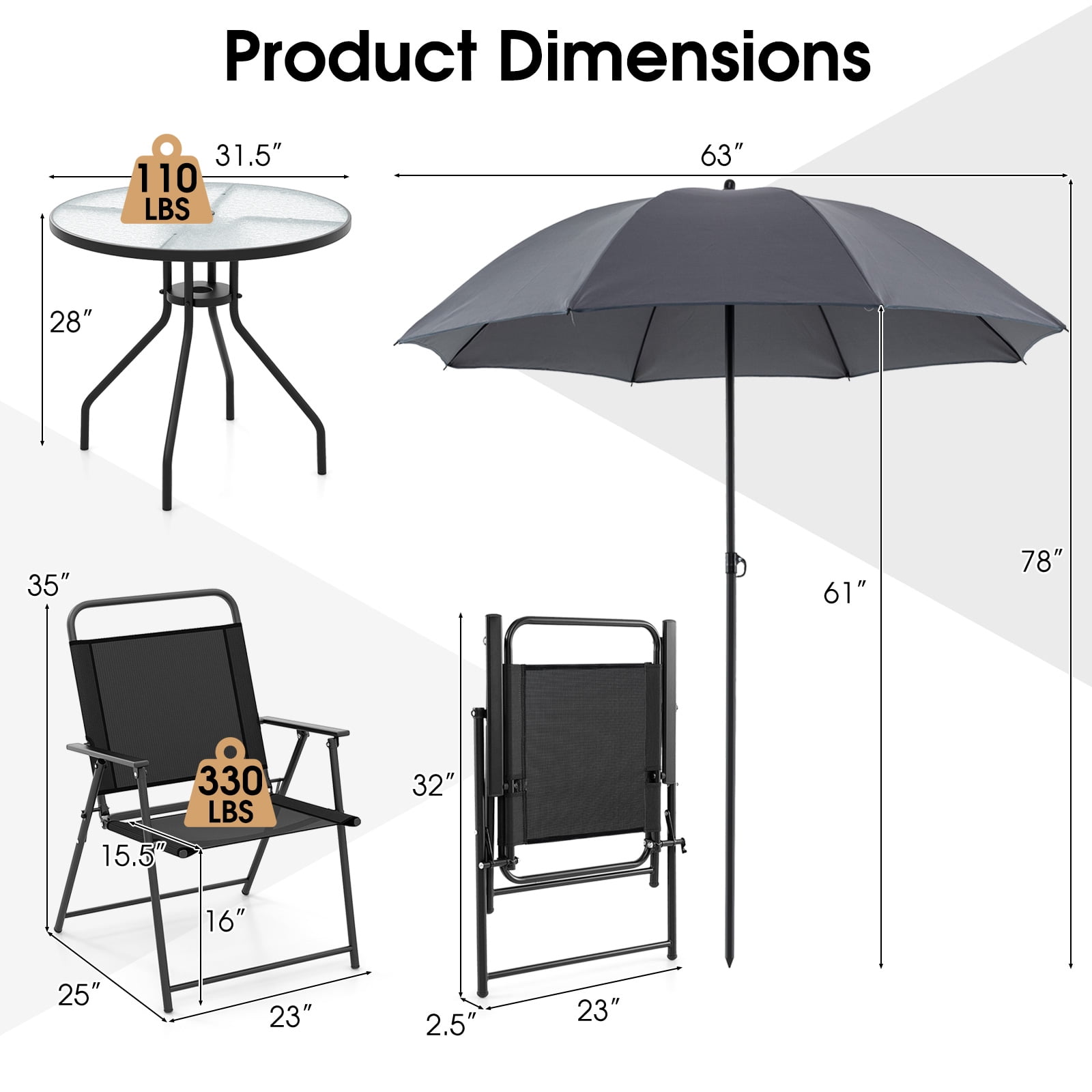 Spaco 6-Piece Patio Dining Set with Umbrella and Folding Chairs (Grey, 6-Piece Set) 475pc
