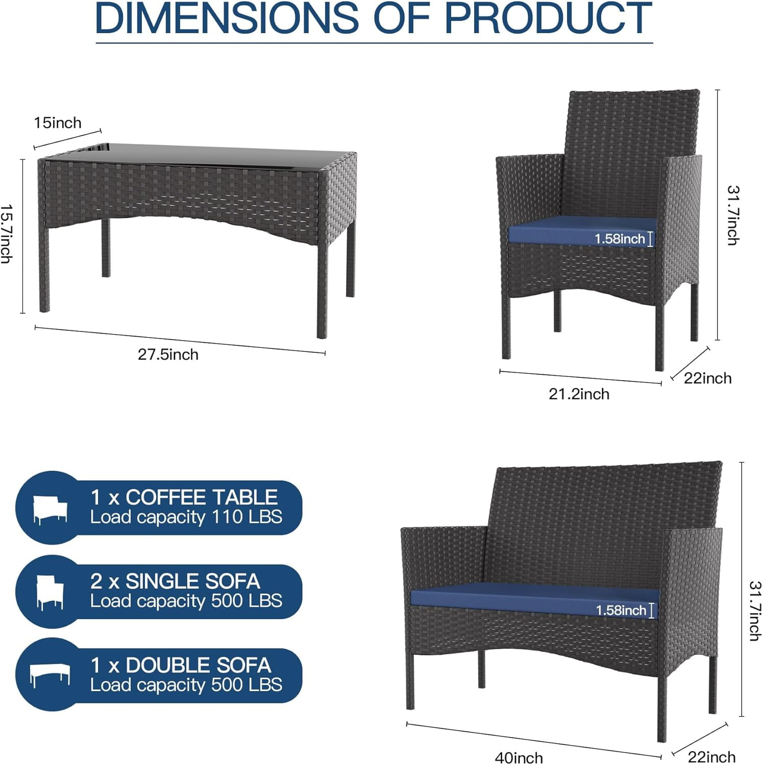 Kullavik 4-Piece Outdoor Patio Furniture Set, PE Wicker Rattan Conversation Set with Tempered Glass Table and Cushions (Navy Blue, 4-Piece Set) 1afkf