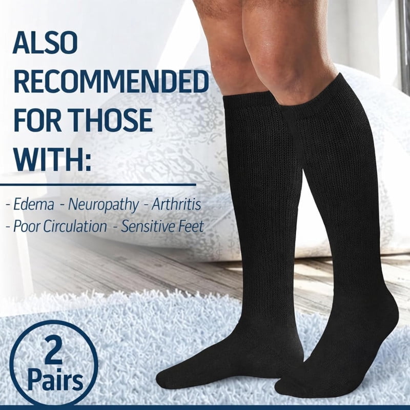 Diamond Star Men's Non-Binding Diabetic Knee High Socks, Cushioned Cotton Comfort (Black, 12 Pairs, Sock Size 9-11) x7osb