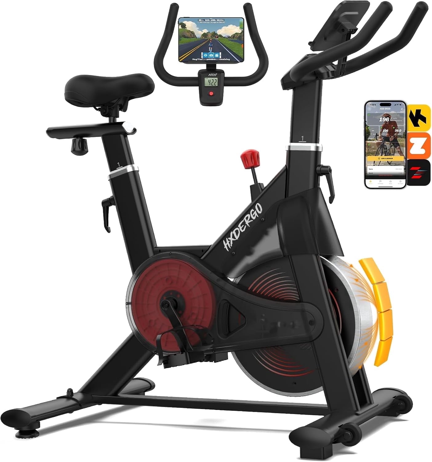 HXD-ERGO Magnetic Stationary Exercise Bike for Home Cardio, Quiet Indoor Cycling Trainer with LCD Monitor and Adjustable Seat (Black, 350 lb Capacity) 9sn8t