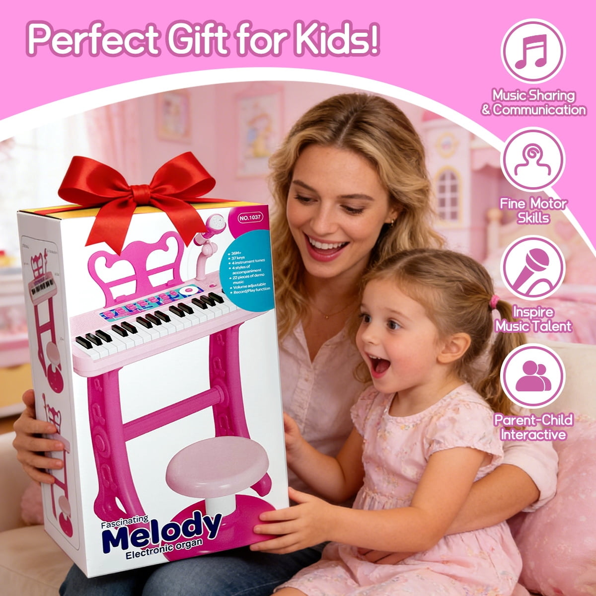 WLBES 37-Key Electronic Keyboard Piano Set with Stand and Stool (Pink, 1 Set) blafm