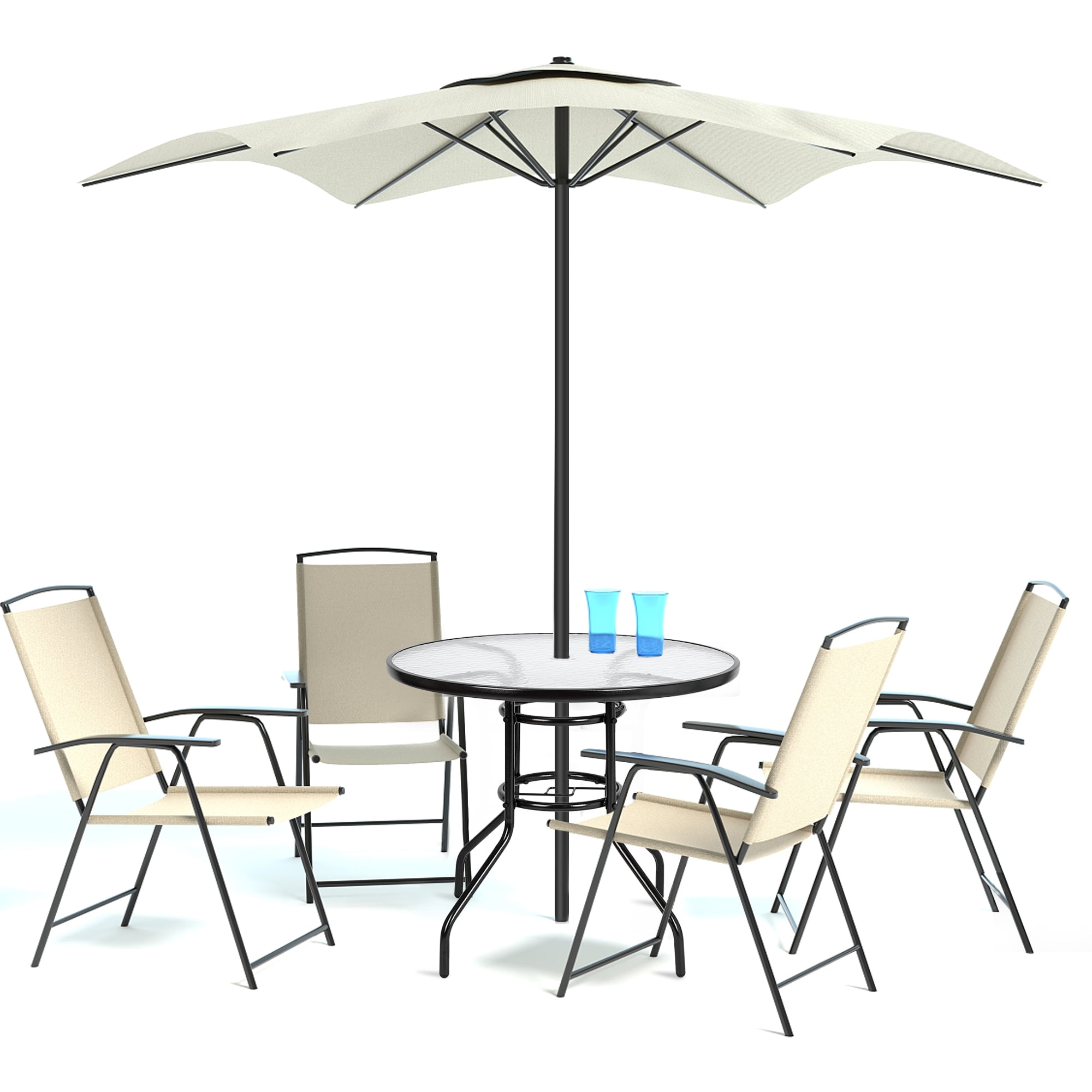 Seizeen Outdoor Patio Dining Table, Round Metal Frame with Glass Top and Umbrella Hole (Black, 30 in) gzjkk