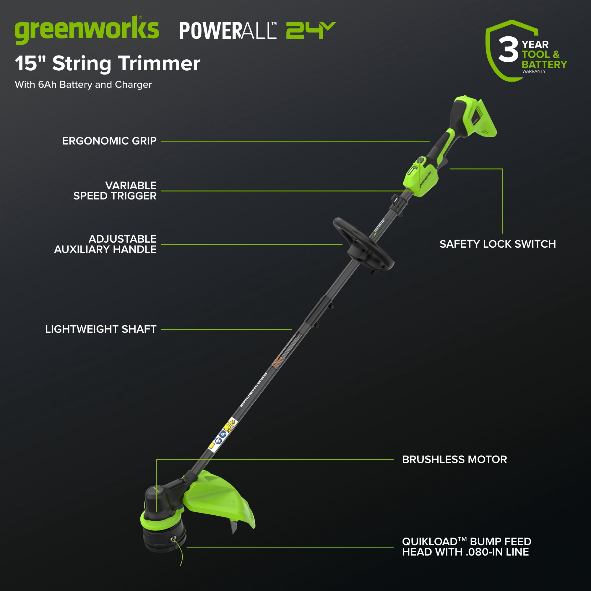 Greenworks 24V 15-in Brushless String Trimmer with 6.0Ah Battery and 65W USB-C Charger (Green, 15-in) h387y