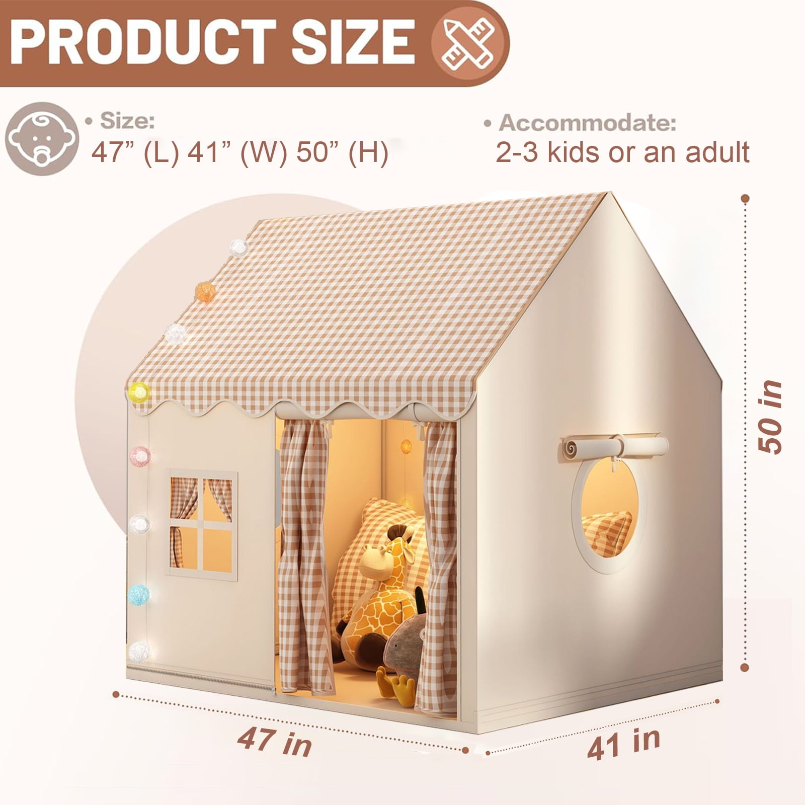 Cuopluber Kids Play Tent Indoor and Outdoor Playhouse with Lights (Brown, 50 in x 47 in x 41 in) dhkqp