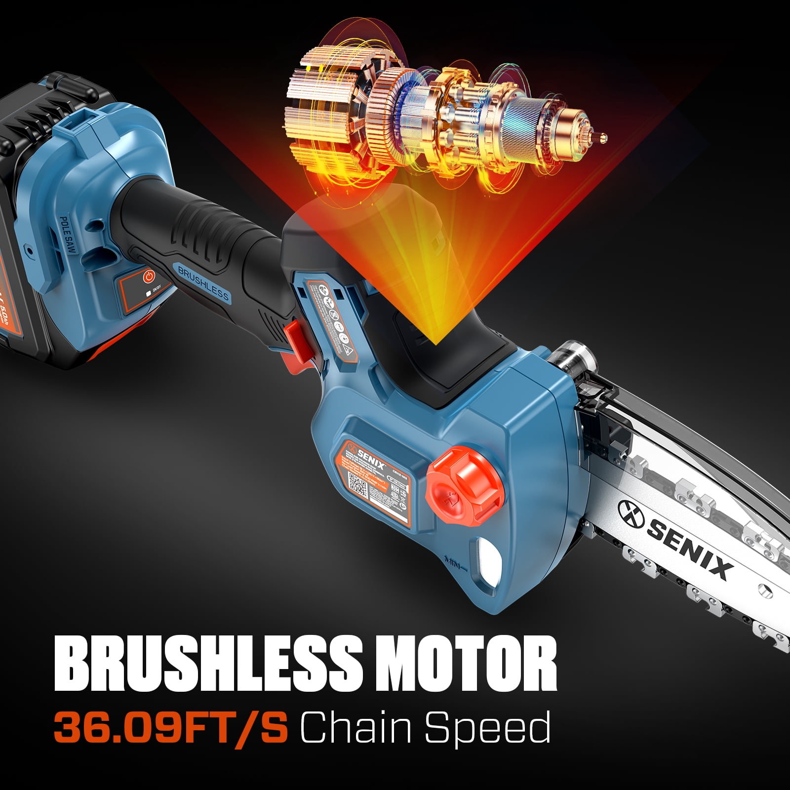 Senix 20V Cordless Mini Chainsaw, High-Efficiency Brushless Motor with 5Ah Battery and Charger (Blue, 5 in) qo9ur