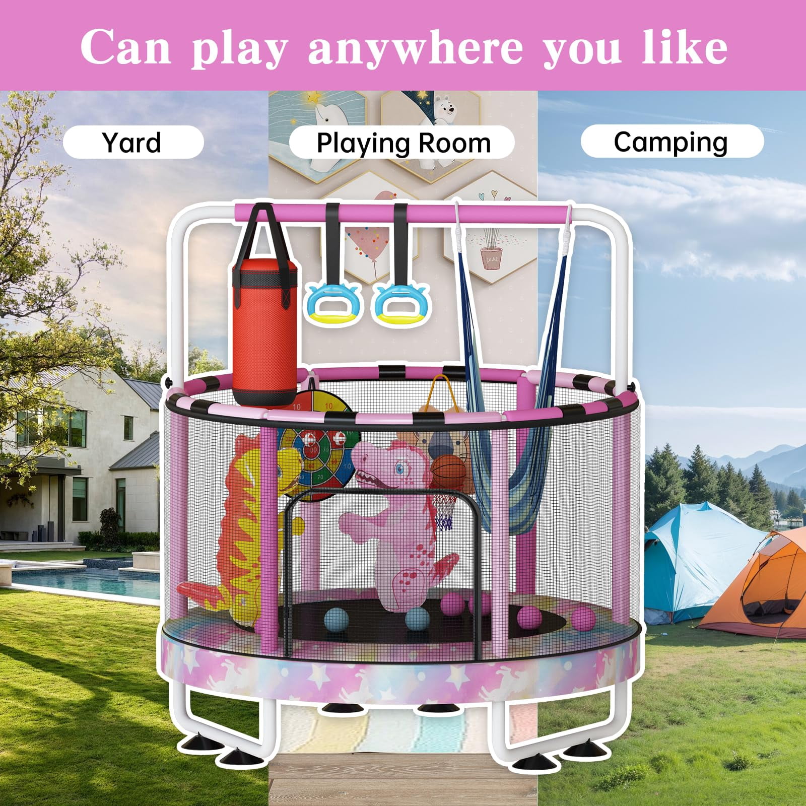 Baxluxe 55 in 7-in-1 Kids Trampoline, Indoor Outdoor Activity Center with Basketball Hoop & Swing (Rainbow, 500 lb) utuqm