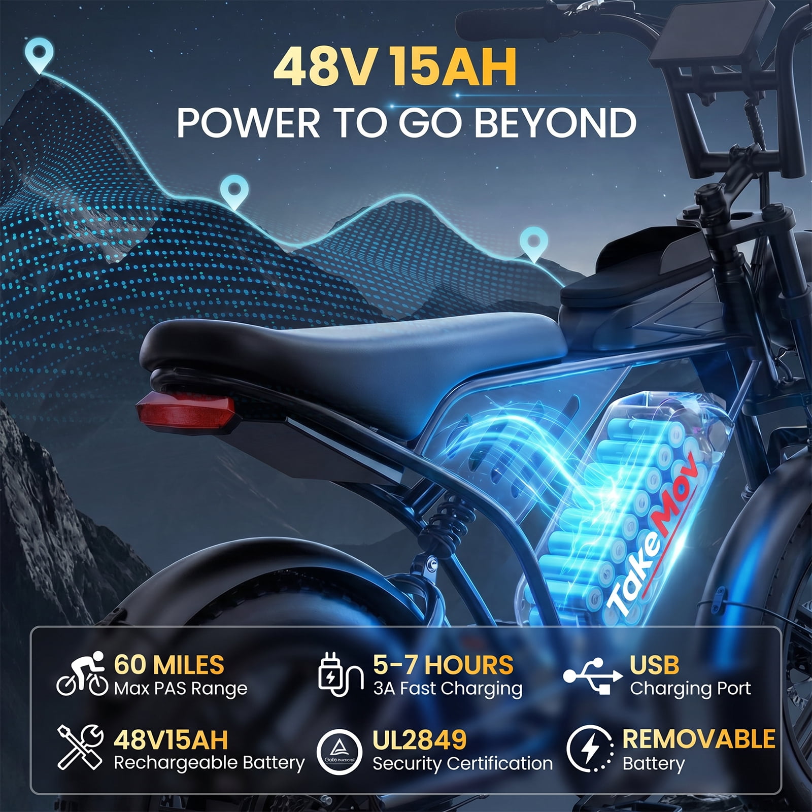 TakeMov Electric Mountain Bike for Adults, 750W Motor, 20 in x 4 in Fat Tire, All-Terrain E-Bike with NFC Unlock (Black, 48V 15Ah) 9mbq3