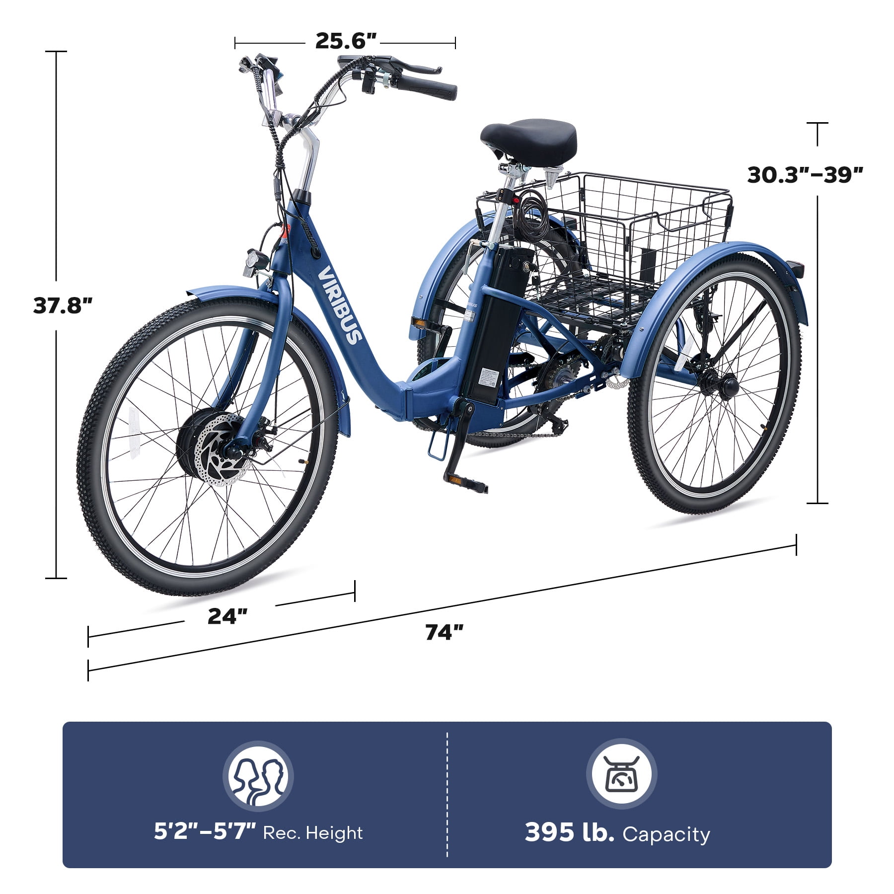 Viribus 24-inch 7-Speed Folding Electric Tricycle with 350W Motor and Rear Storage Basket (Blue, 24 in) ag2k7