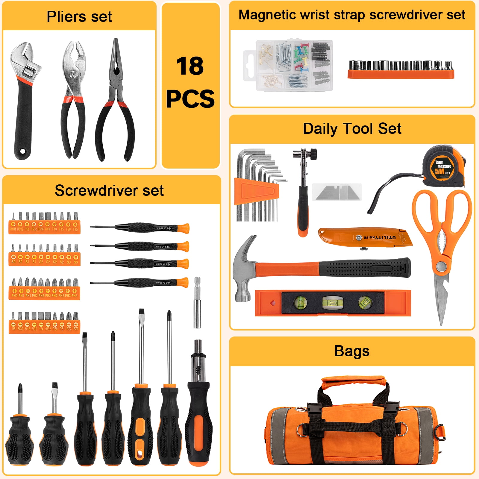 Starwal 18-Piece Home Tool Kit with Roll-Up Storage Bag (Orange, 18-Piece Set) yoi9a