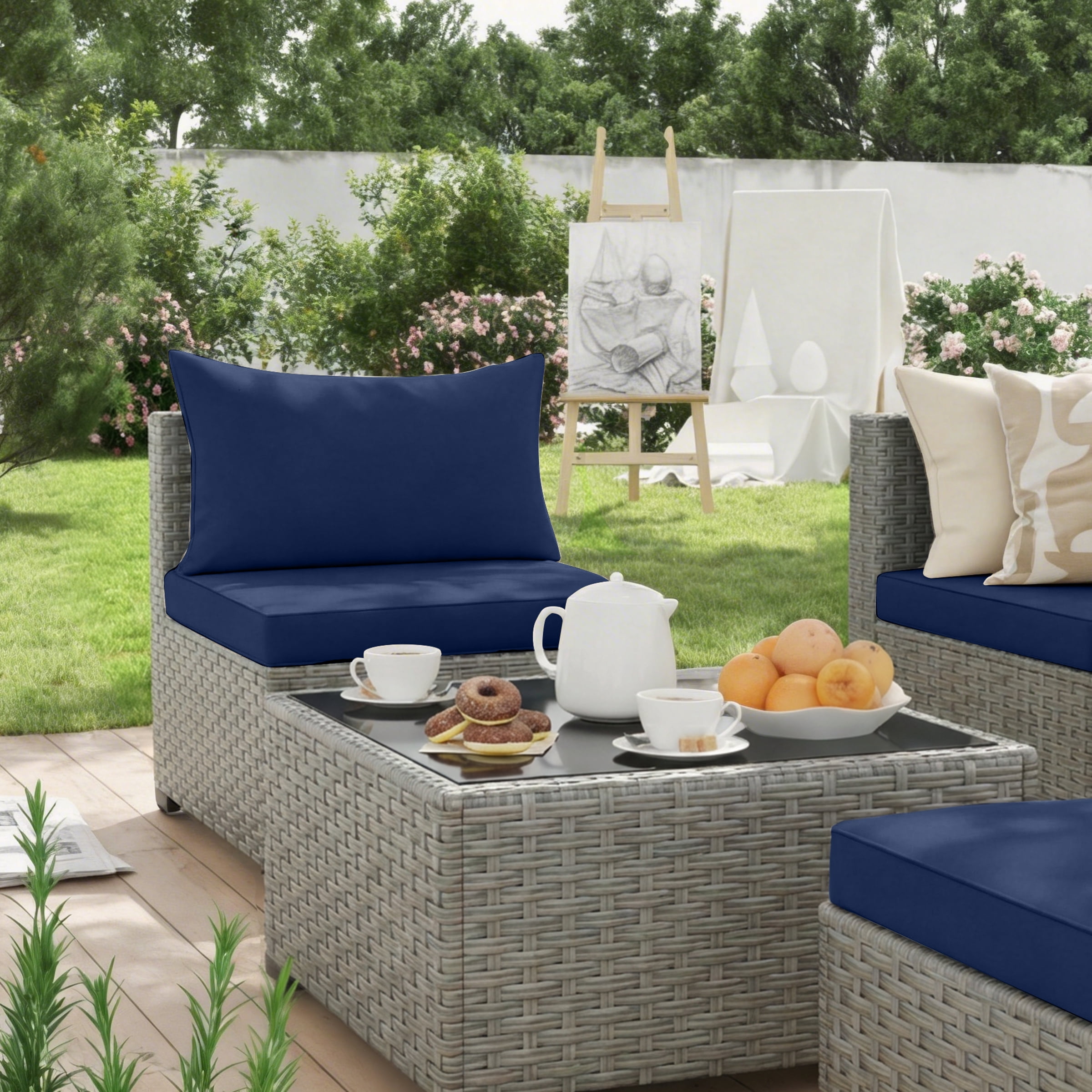 Ebello 7-Piece Modular Outdoor Patio Sectional Sofa Set with Glass Coffee Table (Navy Blue, 7-Piece) 69jwu