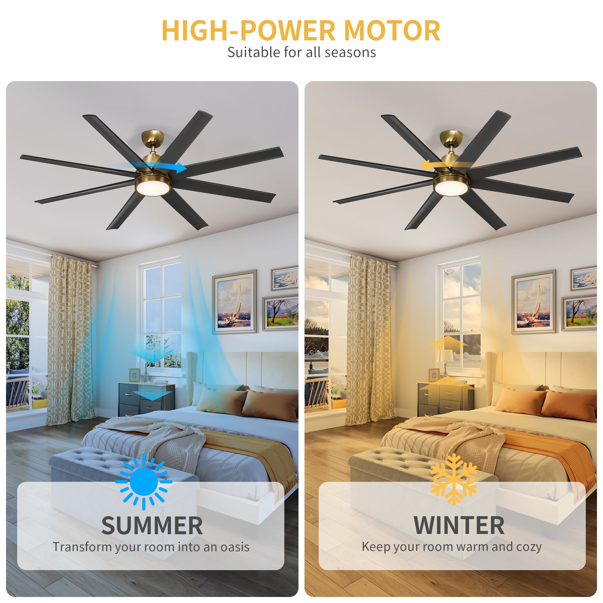 Dextrus 65 in 8-Blade Modern Ceiling Fan with LED Light, Quiet Reversible DC Motor, 6-Speed Remote Control (Black) ei4fp