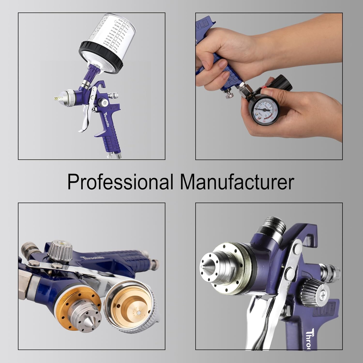 Throohills Professional HVLP Spray Gun Kit, High Atomization Pneumatic Gravity Feed Paint Sprayer with 3 Nozzles (Blue, 1.4/1.7/2.0 mm) 2ka5i