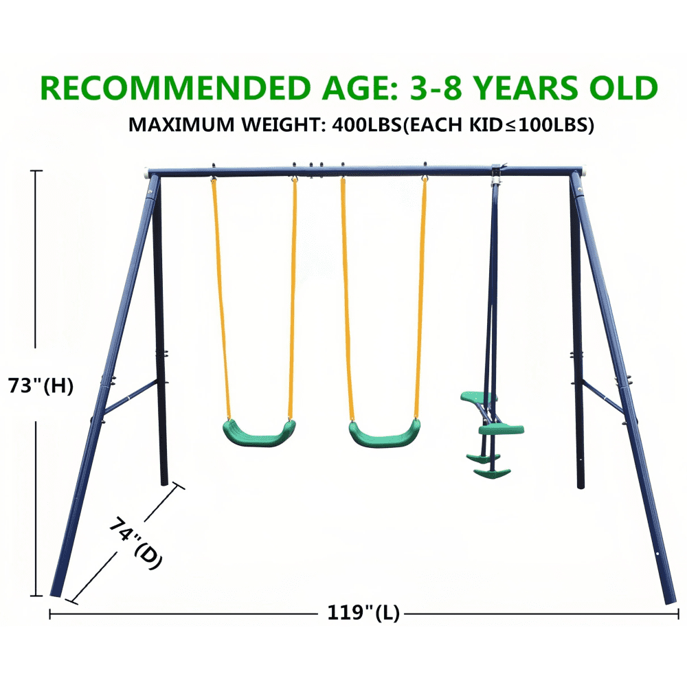 LuckyNote 2-in-1 Backyard Swing Set with Belt Swing and Glider, Heavy-Duty A-Frame Steel Outdoor Play Set (Blue, 114.17 in x 85.43 in x 70.47 in) 7ewqp