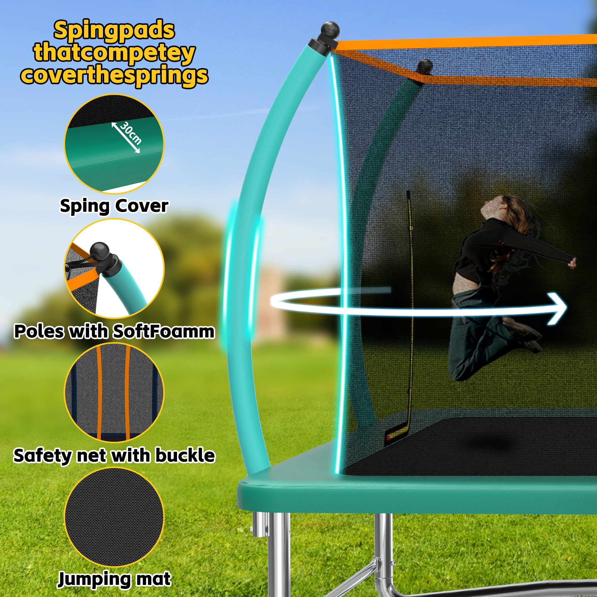 Mersco 4-in-1 Rectangular Trampoline with Swing Set and Enclosure Net (Green, 10 ft x 16 ft) 5k7pn