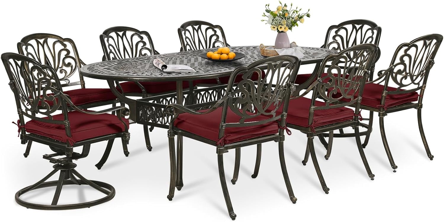 W WARMHOL 9-Piece Patio Dining Set, Cast Aluminum Outdoor Table and Chair Set with Cushions (Red, 84 in) ywro9