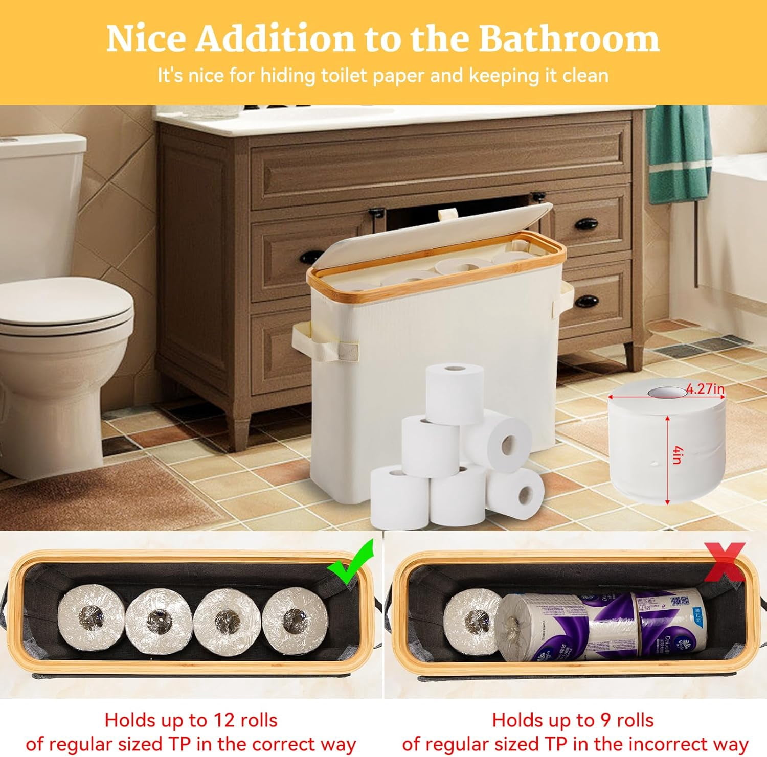 Kimmama Bathroom Toilet Paper Storage Basket with Bamboo Lid and Handles (White, 17.72 in x 6 in x 13.78 in) kgfft