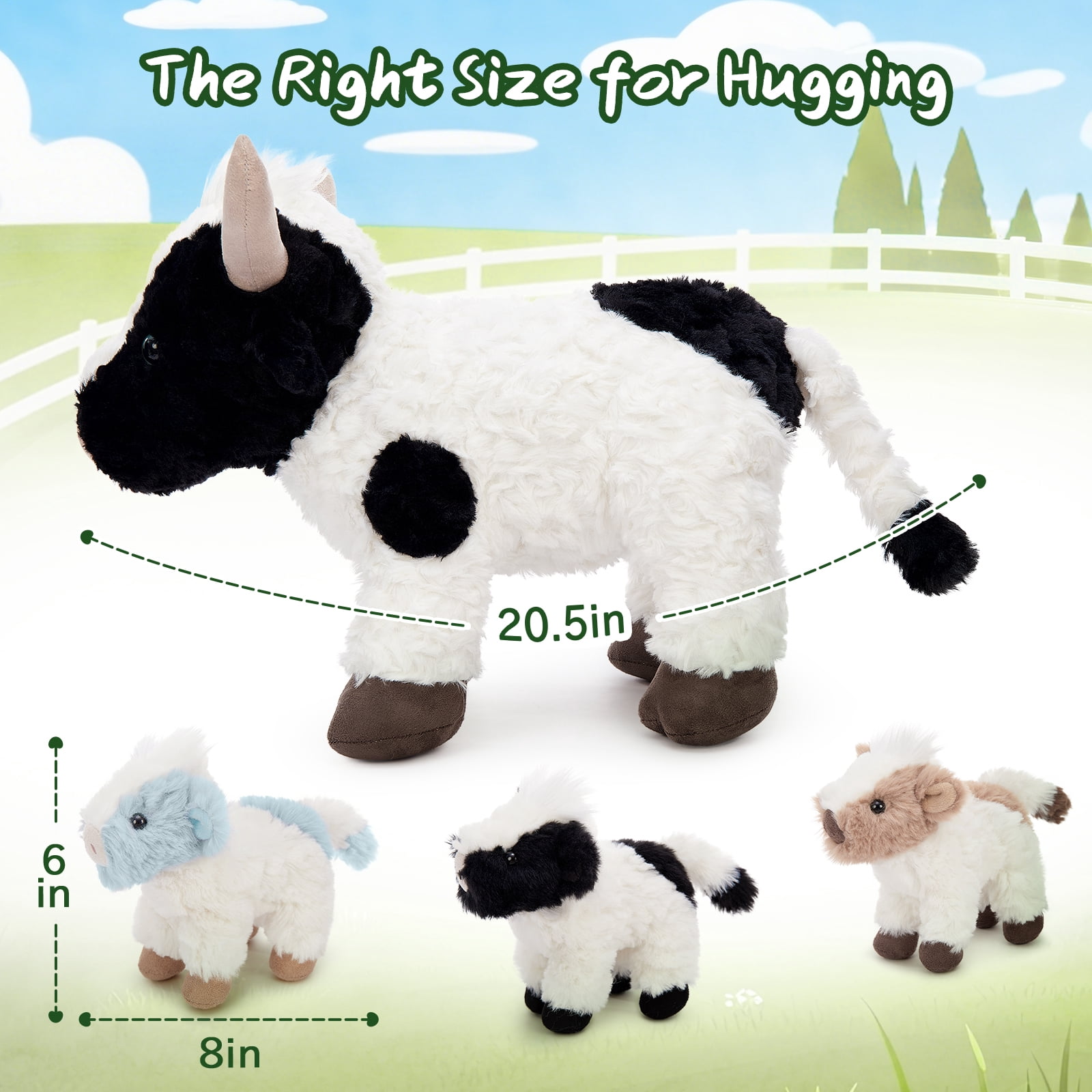 MorisMos Cow Stuffed Animal Set with 3 Baby Calf Plushies (White, 20.5 in) utivh