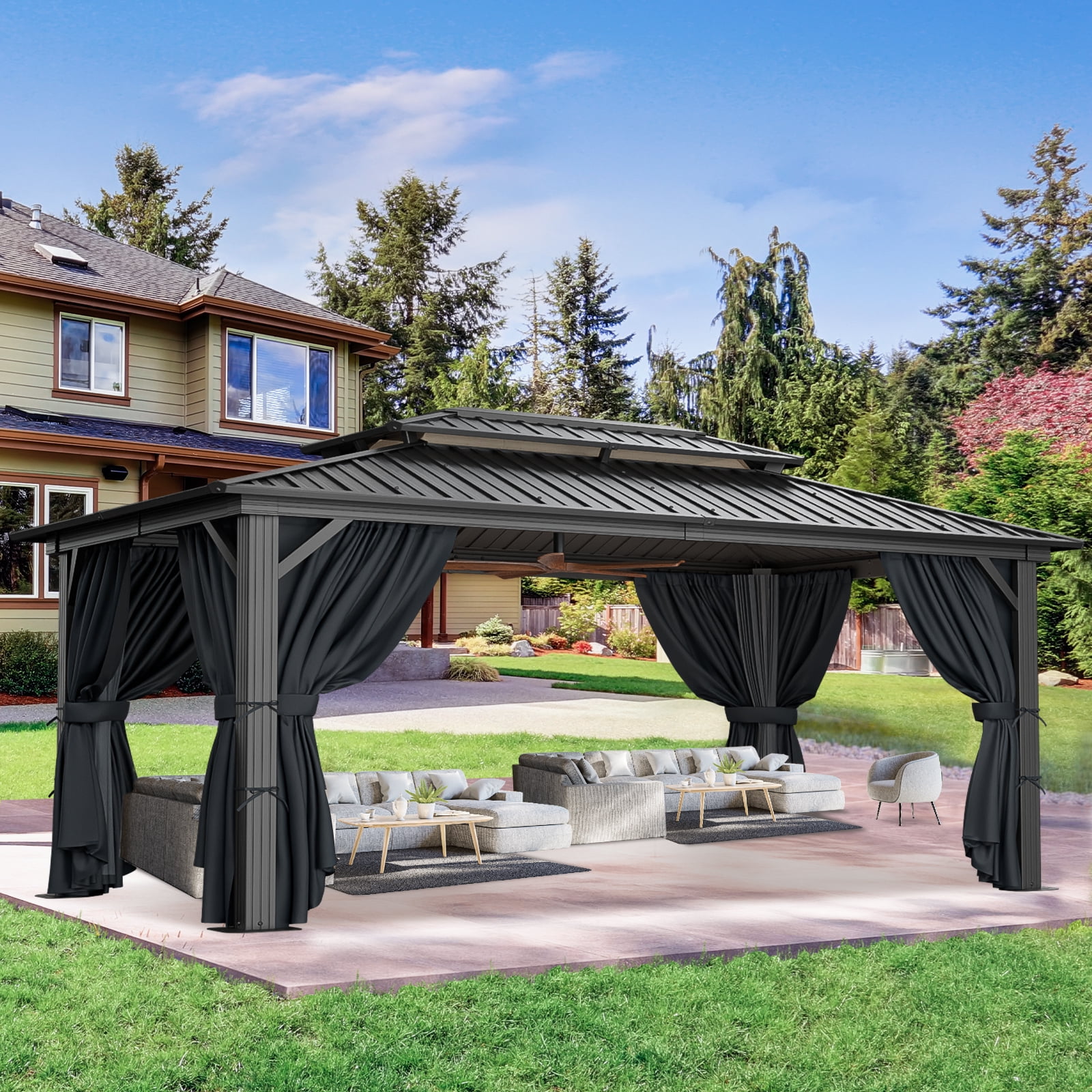 COBIZI Hardtop Gazebo with Netting and Curtains, Outdoor Aluminum Canopy for Backyard and Patio (Black, 10x15 ft) s97f0