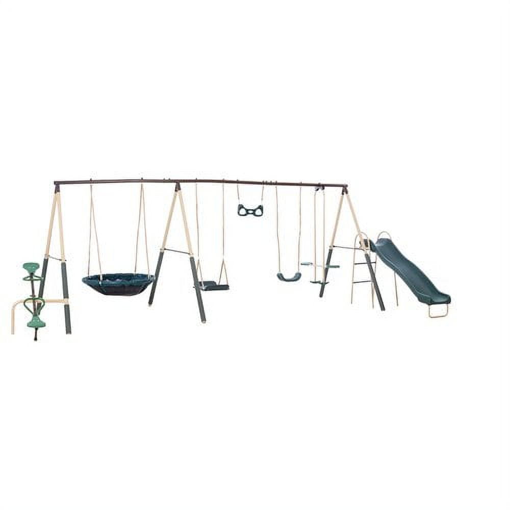 XDP Recreation Deerfield Metal Swing Set with Super Disc Swing, 6-ft Slide, Fun Glider & See-Saw (Green, 222 in x 102 in x 74 in) jdzle