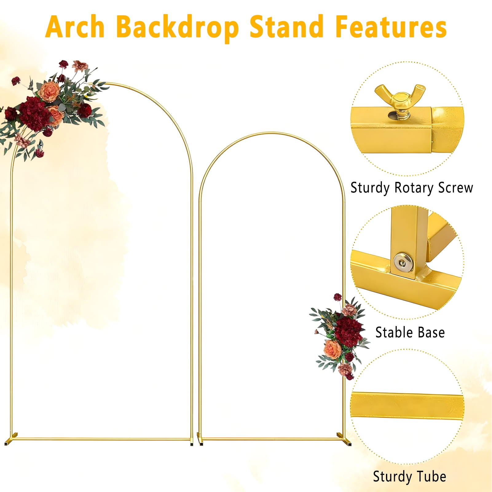 KiddiTouch Metal Arch Backdrop Stand Set for Parties (Gold, 2 Pack, 7.2 ft and 6 ft) ccqlk