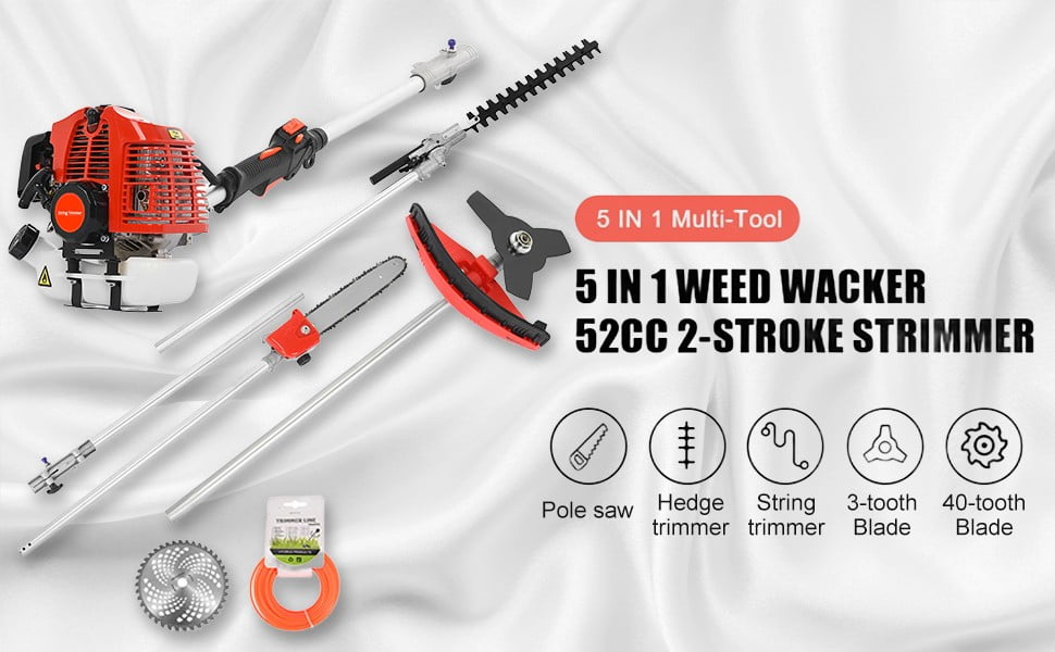 Floseru 5-in-1 Gas String Trimmer and Brush Cutter, 52cc 2-Cycle Engine, Multi-Functional Yard Tool (Red, 1 Unit) 1z2bx
