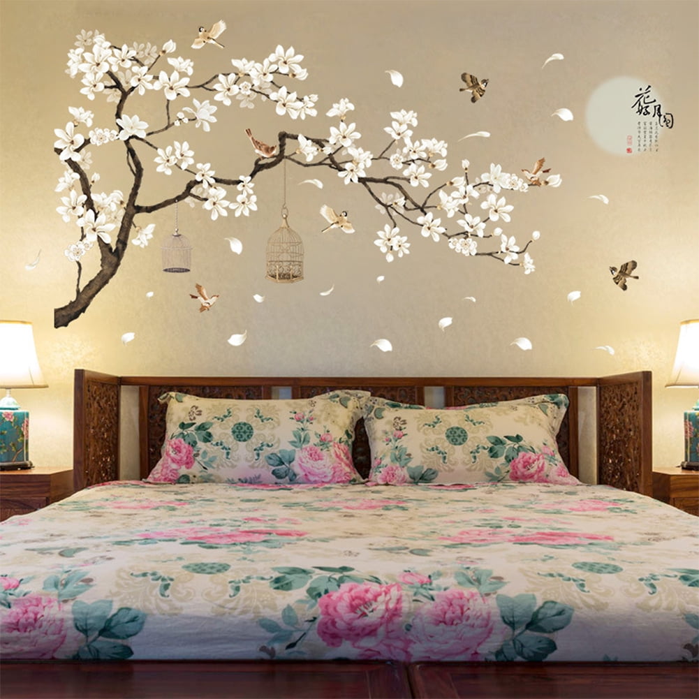 AKDSteel Large Tree Wall Decals with Birds and Flowers (White, 73.6 in x 50.4 in) 81vgn