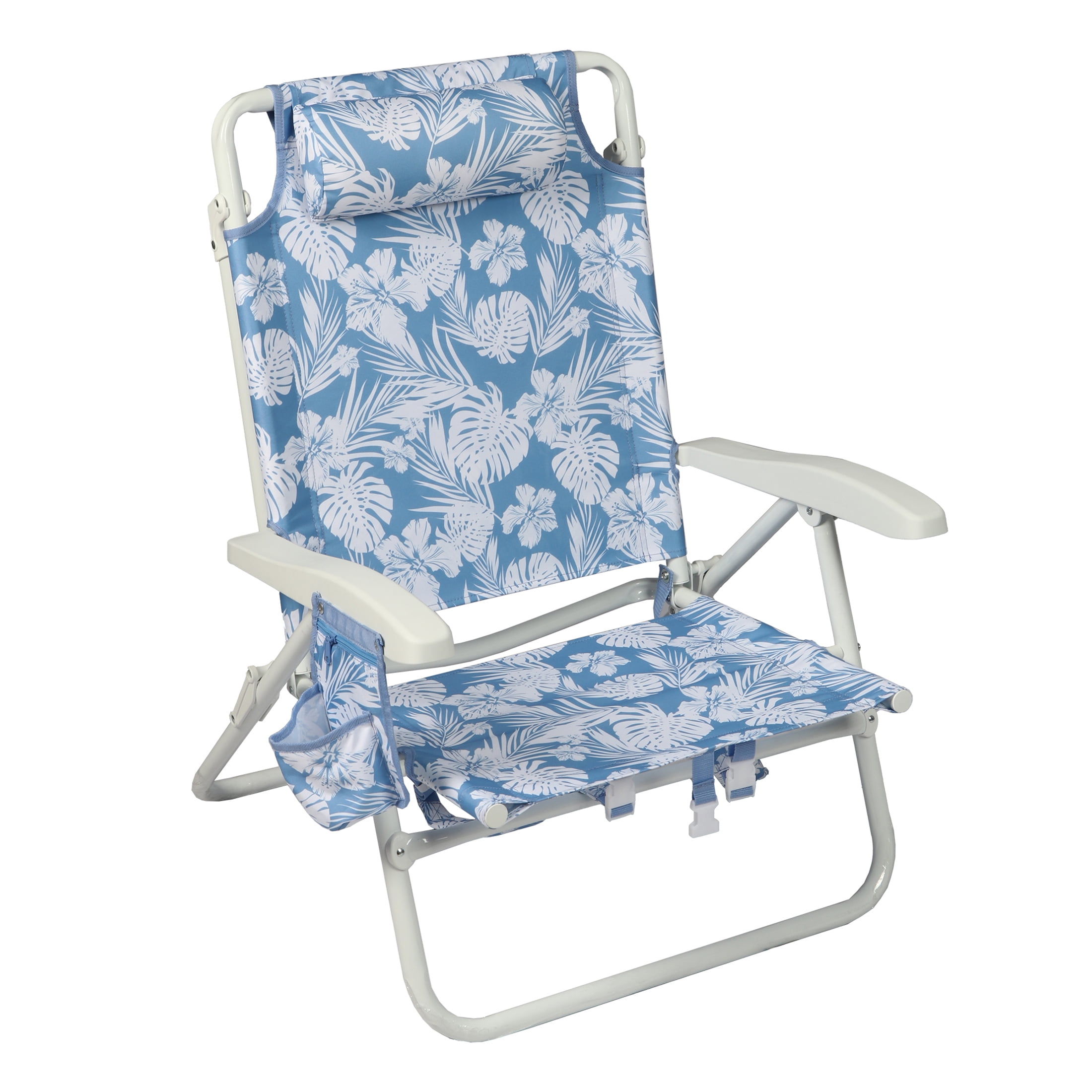 Mainstays Oversized Reclining Beach Chair with Backpack Straps (Blue Palm Print, 25 in x 25 in x 35 in) spxm6