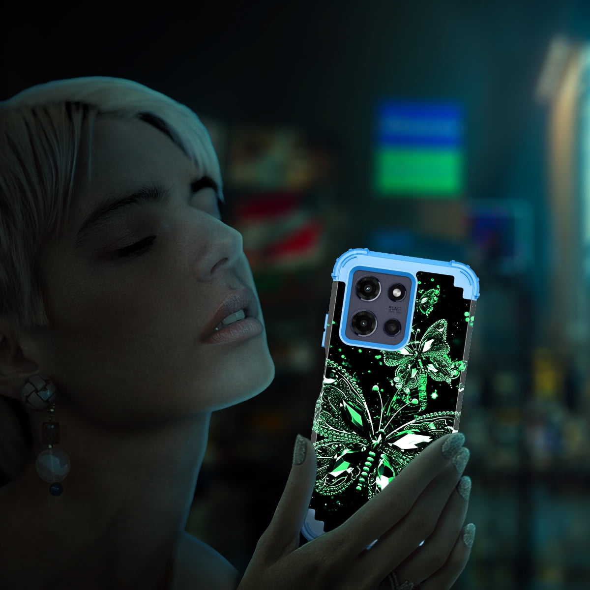 Casetego for Moto G Power 5G 2025 Case, Heavy Duty Shockproof Glow in the Dark Protective Cover (Black Blue Butterfly, 6.8 in) 19apo