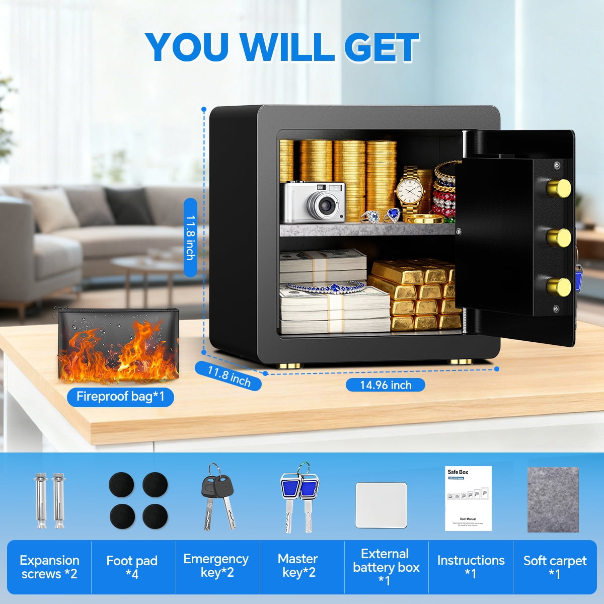 BESAFETY 2.5 Cu ft Digital Home Security Safe Box with Fireproof Bag and Adjustable Shelf (2.5 Cu ft) 3hm82