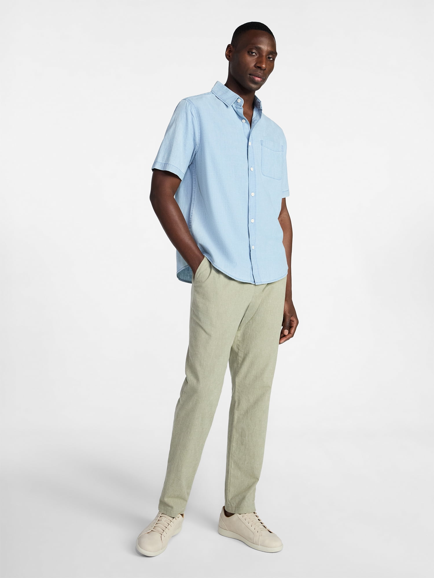 George Men's Modern Fit Chambray Short Sleeve Button Up Shirt (Blue, XS) xgsti