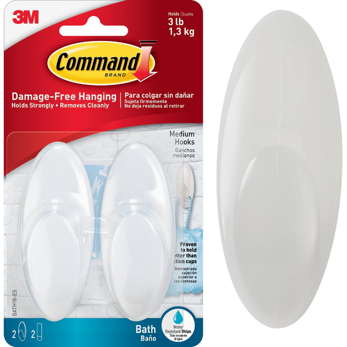 Command Bath Hook, Water Resistant Adhesive Wall Hook for Bathroom Organization (Clear, 2-Pack, Medium) v015v