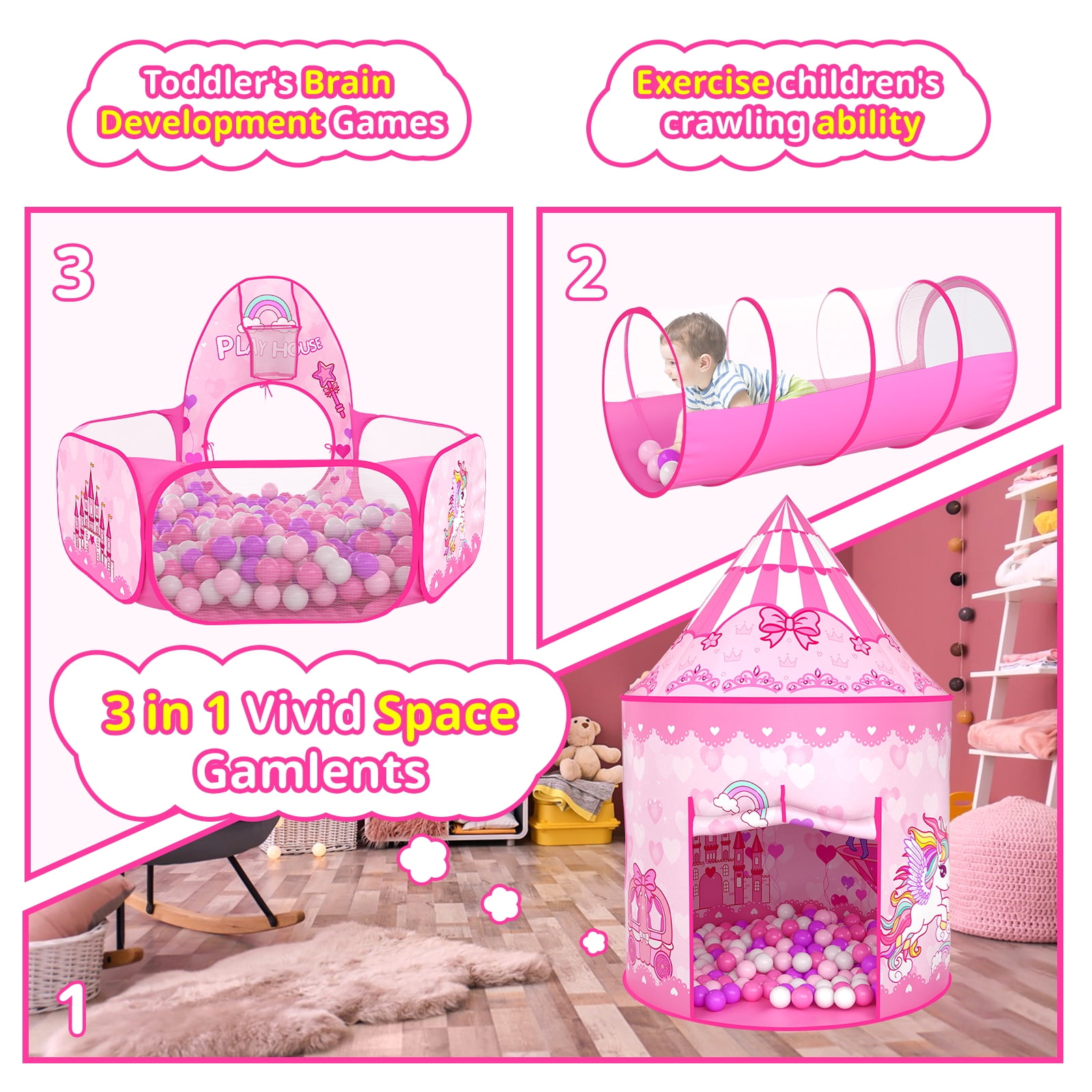 Wilwolfer Kids Play Tent and Tunnel Set with Ball Pit for Indoor and Outdoor Fun (Pink, 3-Piece Set) yqad5