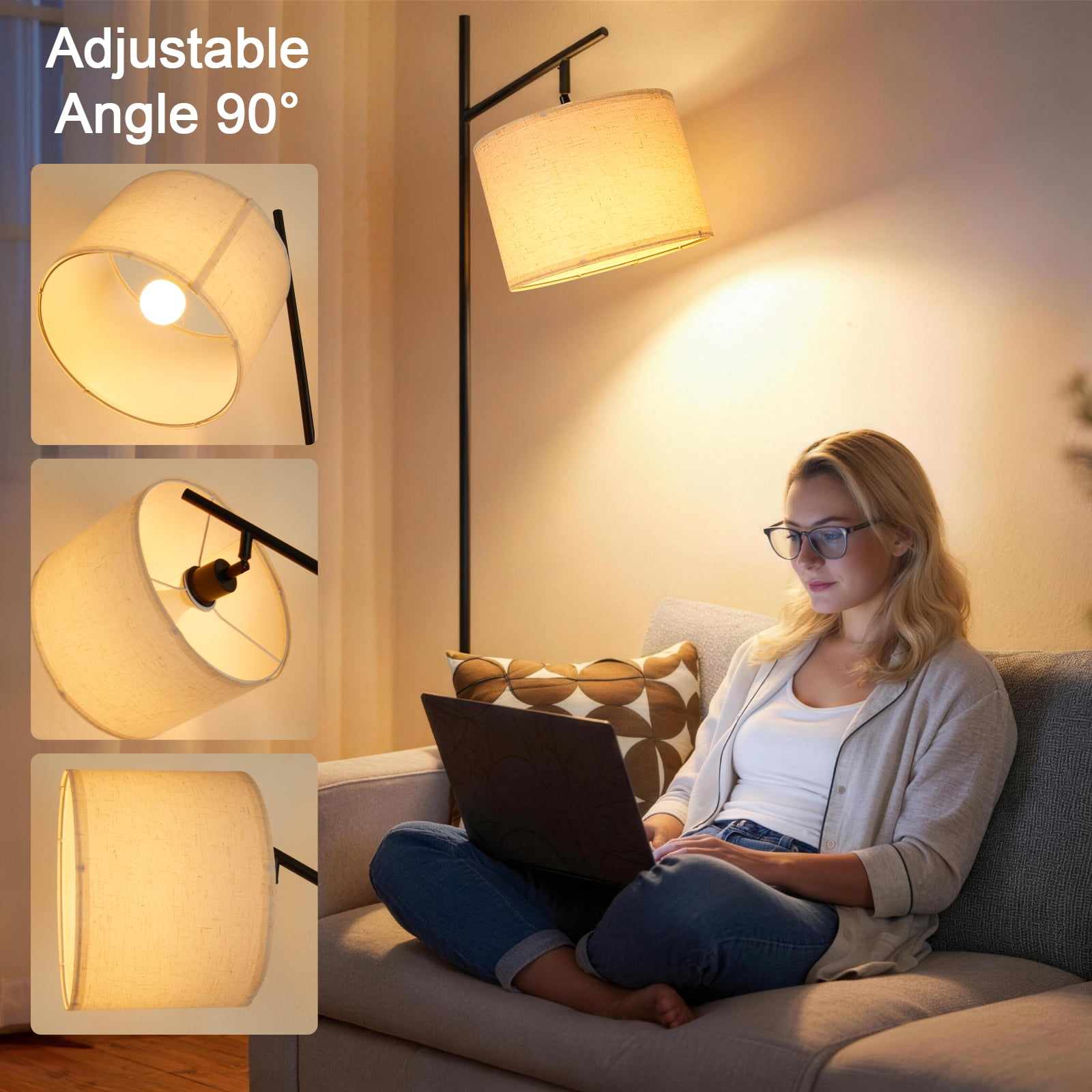 LZNIOZ Modern LED Floor Lamp with Remote Control, Dimmable Standing Light with Fabric Drum Shade (Black, 64 in) at4bc