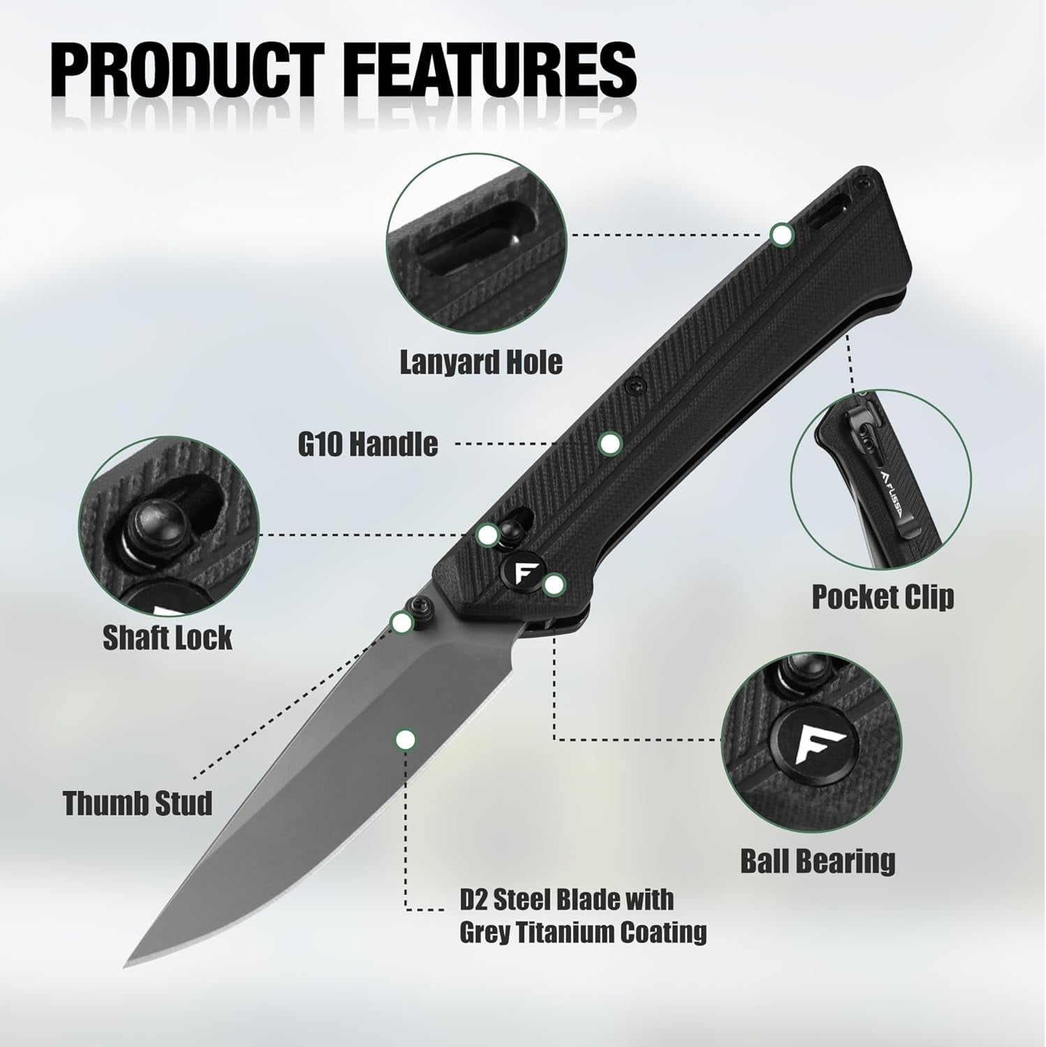 FLISSA Folding Pocket Knife, D2 Steel Blade with G10 Handle, EDC Utility Tool for Camping and Hiking (Black, 4.57 in) 0gqxu