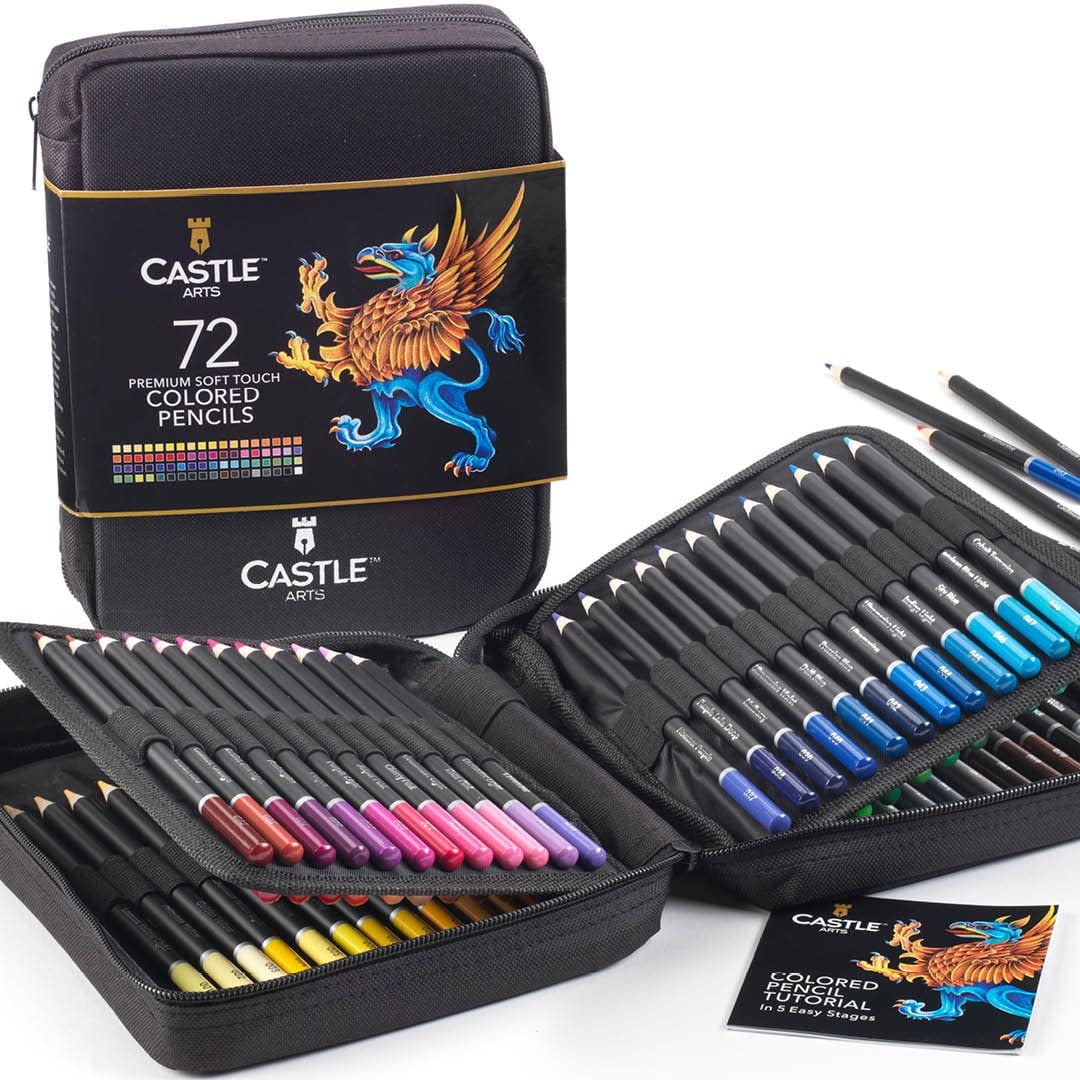 Castle Art Supplies 72 Colored Pencils Set with Zipper Case (Assorted Colors, 72 Count) helnx
