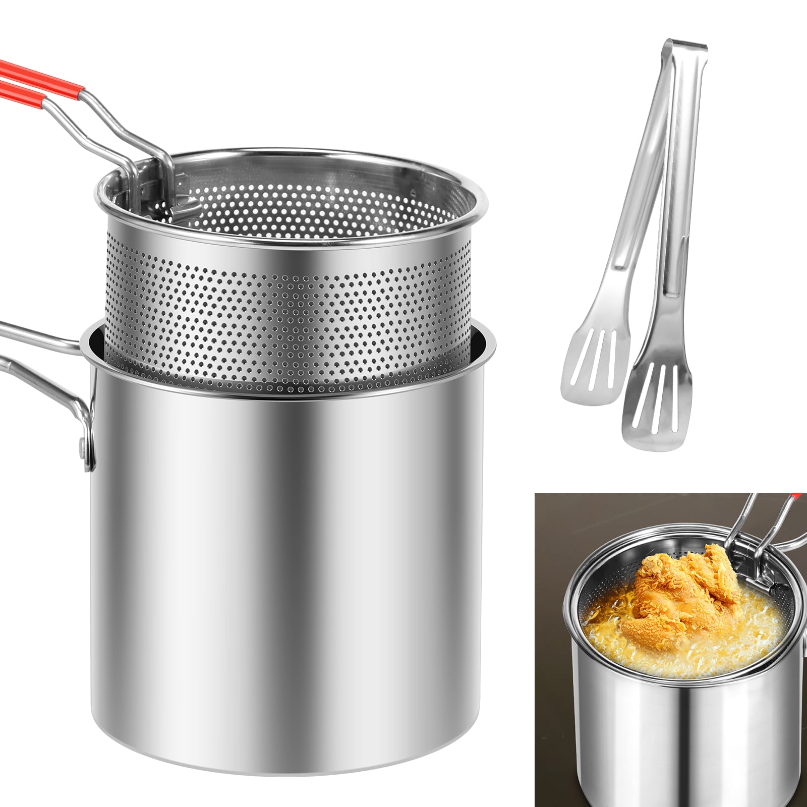 Evjurcn Stainless Steel Deep Fryer Pot with Strainer Basket and Lid (Silver, 5.12 in) 554q7