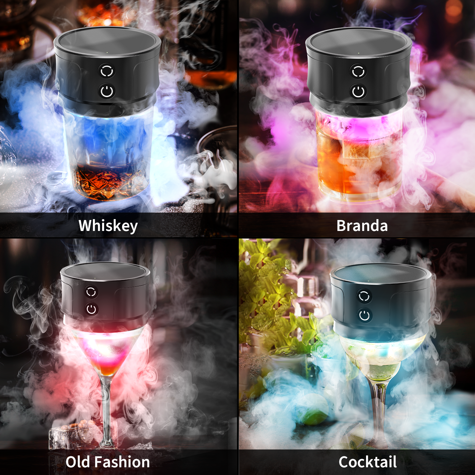Nurforta Electric Whiskey Smoker Kit with RGB Lights, Portable Cocktail Infuser with 6 Wood Chip Flavors (Black, 3.9 in x 3.9 in x 3.5 in) 695iu