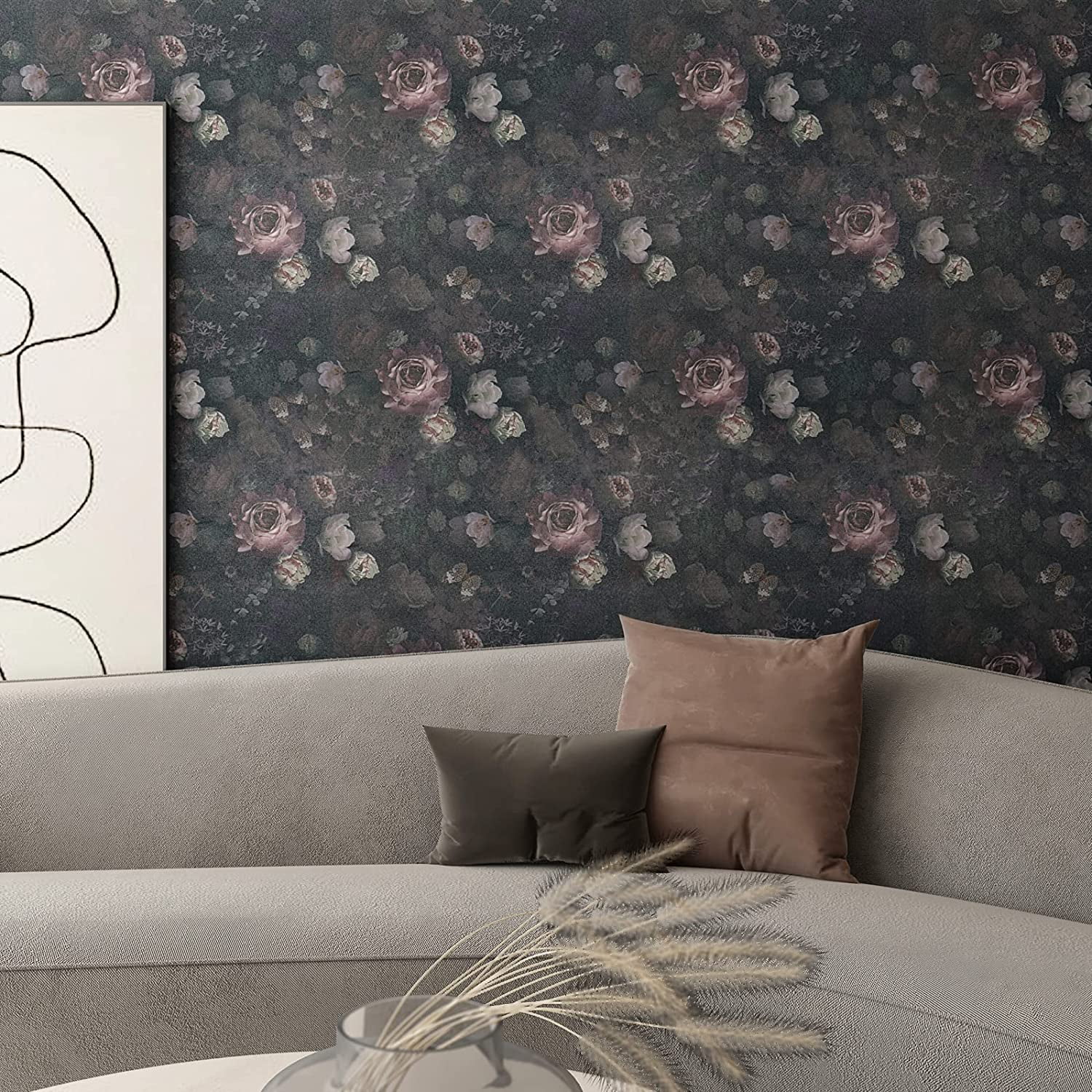 VEELIKE Vintage Dark Floral Peel and Stick Wallpaper, Boho Peony Removable Self-Adhesive Wall Decor (Black, 15.7 in x 118 in) l4nnh