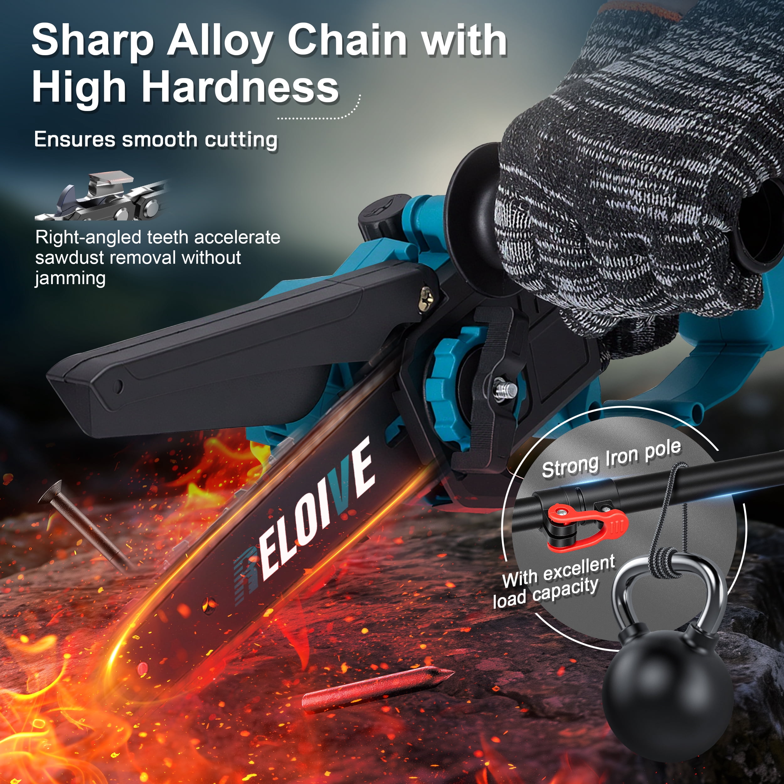 RELOIVE 3-in-1 Cordless Pole Saw and Mini Chainsaw Set, Telescoping Branch Cutter (4.9-6.8 ft, 2 Batteries) bfvpx