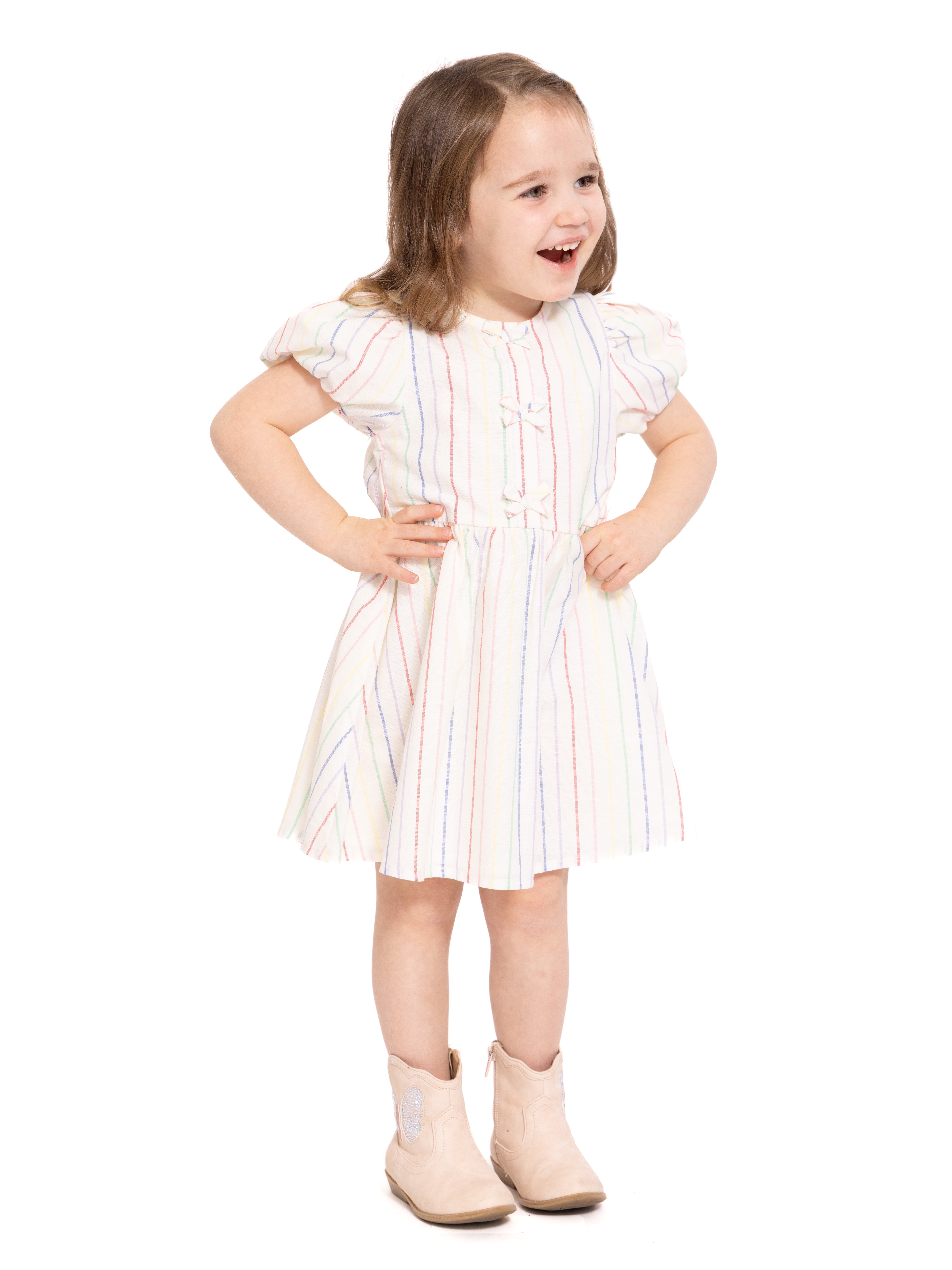 Wonder Nation Toddler Girls Stripe Dress with Bubble Sleeves (White, 5T) asv2z