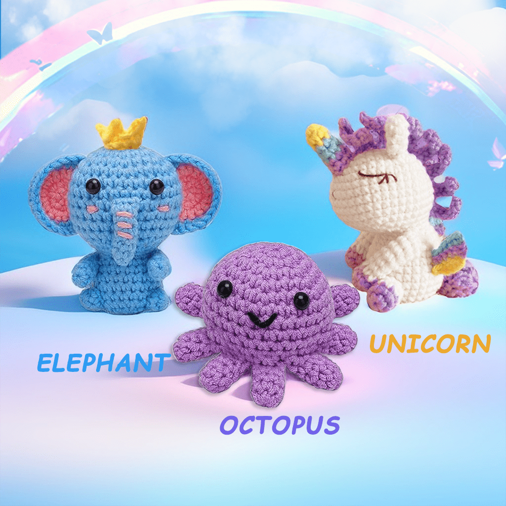 Yarniss Beginner Crochet Kit, DIY Animal Craft Set for Unicorn, Octopus, and Elephant (Multi-Color, 1 Pack) 1j3ni